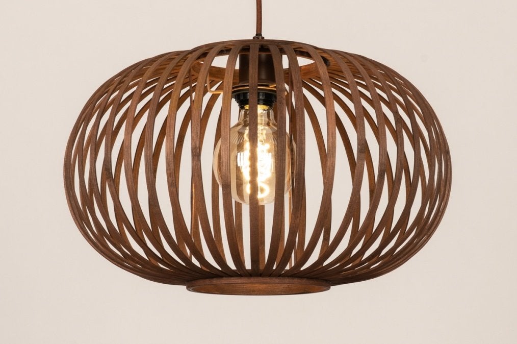 hanglamp 42cm japandi bamboe walnoot rotan tafel bed lamp, Ophalen of Verzenden, Nieuw, Natuurlijk materiaal