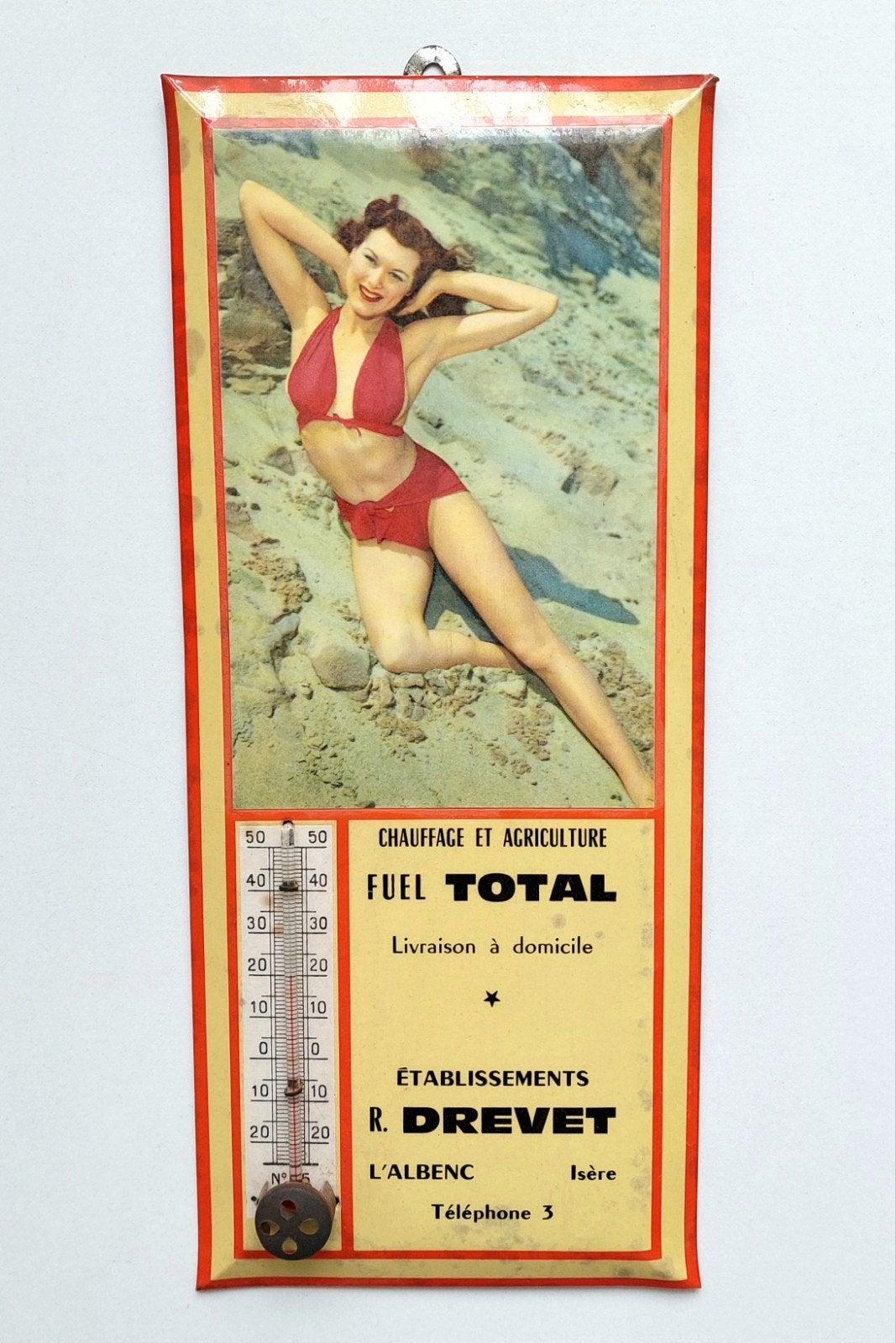 Oud Blikken Glacoide Reclamebord Pin Up Thermometer TOTAL , Ophalen of Verzenden, Gebruikt, Reclamebord