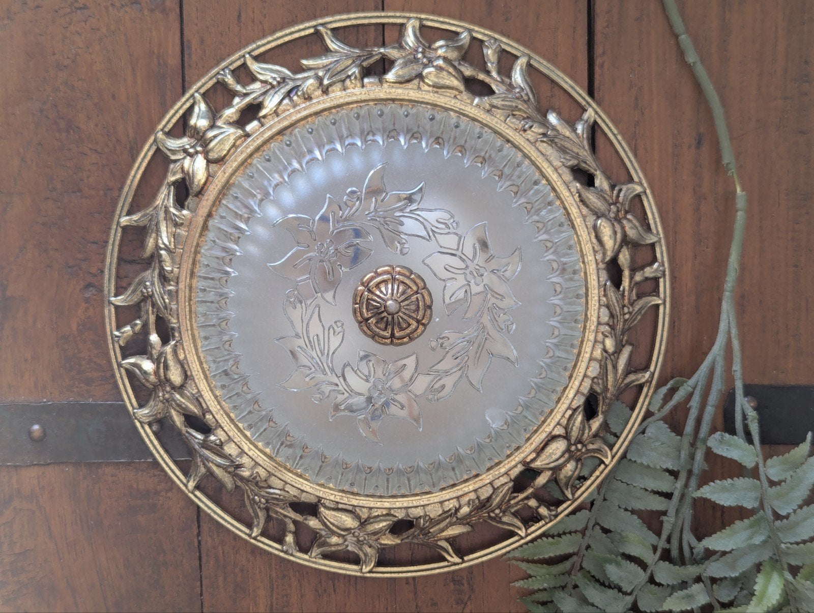 Vintage Plafondlamp Goudkleurig met Bloemmotief, Ophalen, Gebruikt, Inclusief lichtbron, Vintage