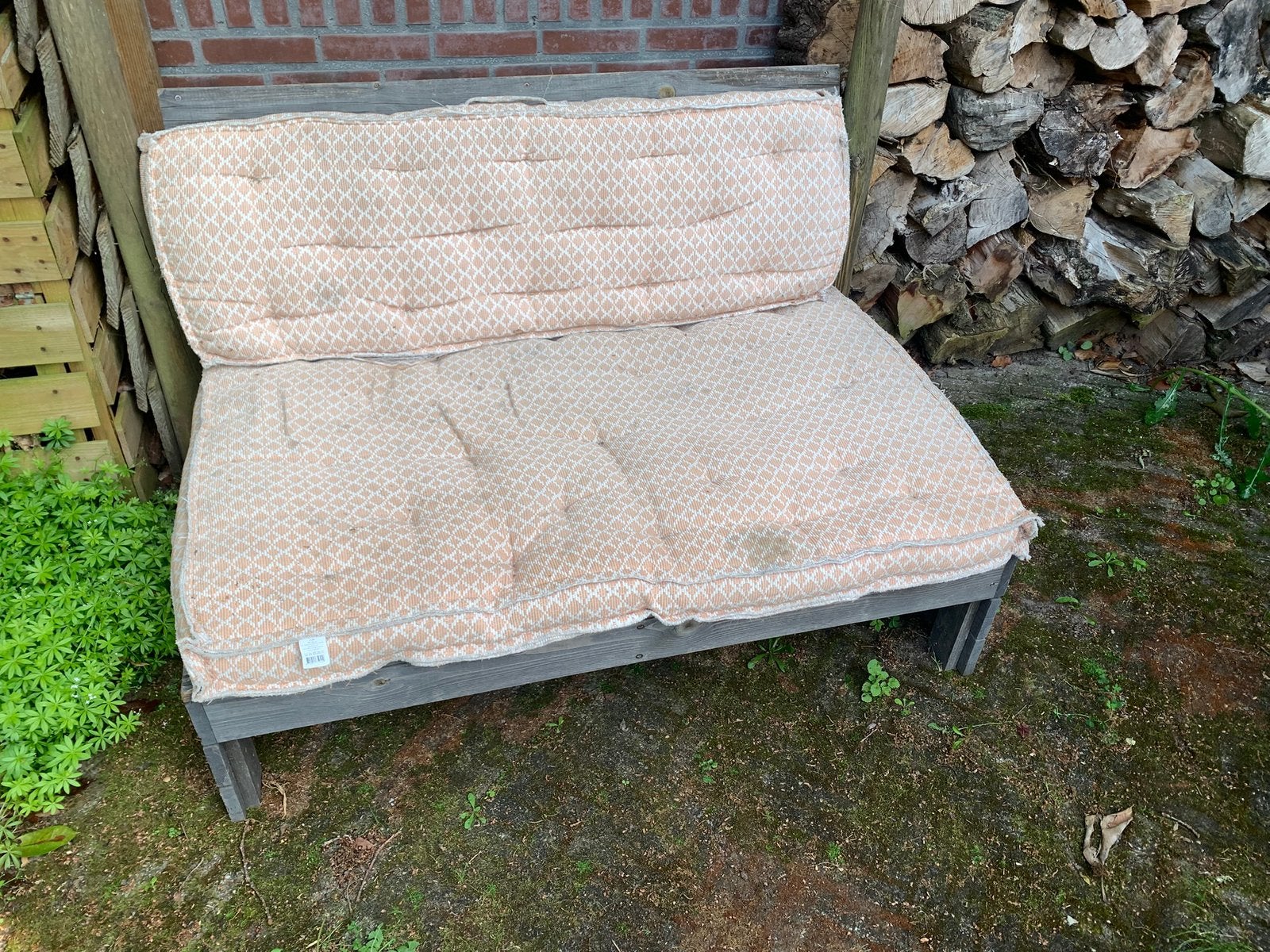 Palletbank met kussens, Ophalen, Gebruikt, Hout