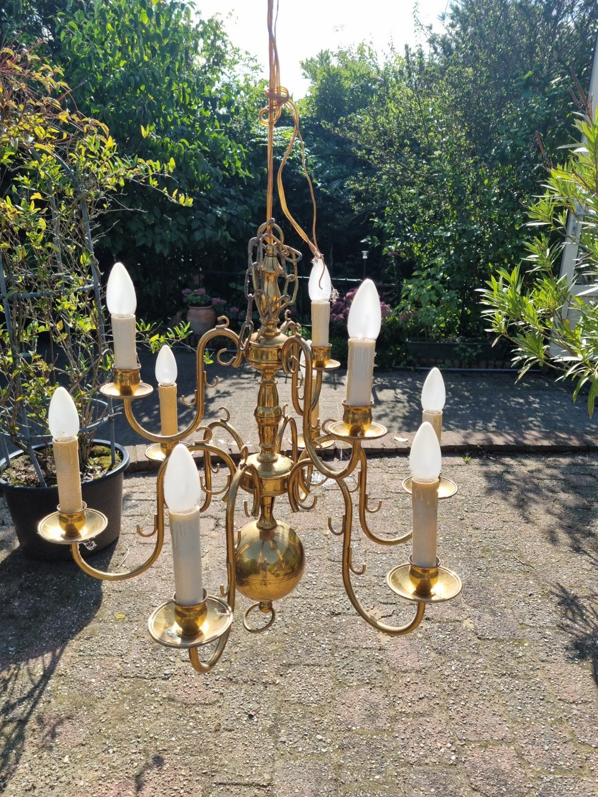 Vintage Messing Kroonluchter met 8 Lichten, Gebruikt, Vintage, Klassiek, Brocante, E14 (klein), Ophalen of Verzenden