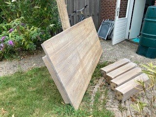 Eettafel en salontafel, Ophalen, Gebruikt, Teakhout, 200 cm of meer