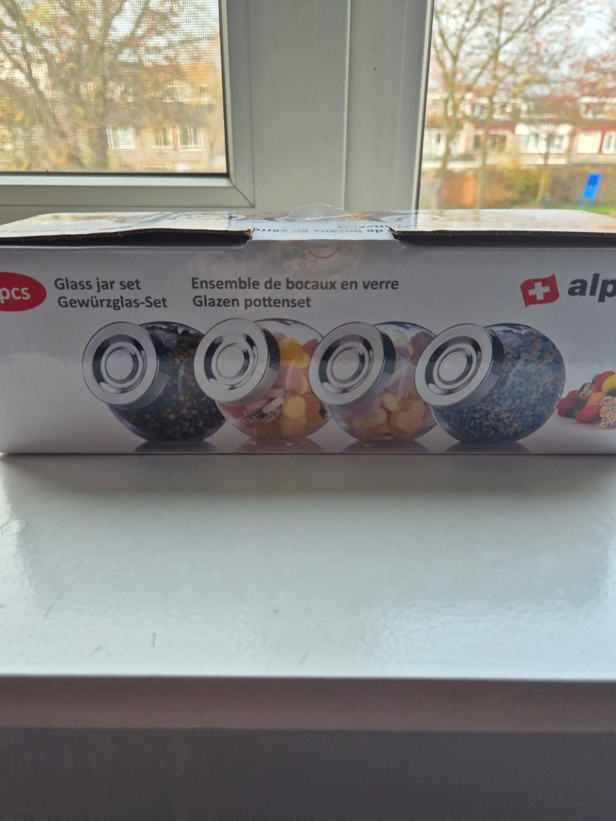 4x Alpina Glazen Kruidenpotjes - Nieuw in doos!, Glas, Nieuw, Ophalen of Verzenden, Voorraadpot