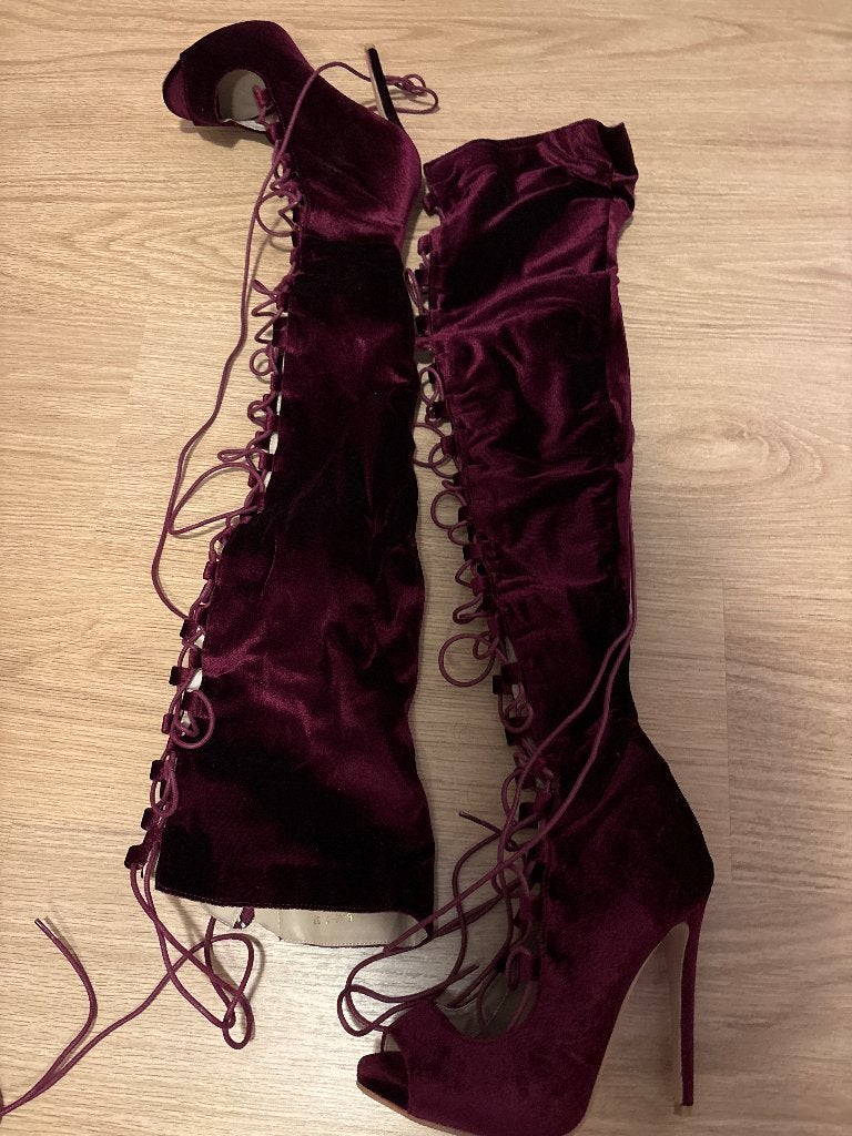 Lace up velvet knielaarzen, Ophalen, Hoge laarzen, Overige kleuren, Nieuw