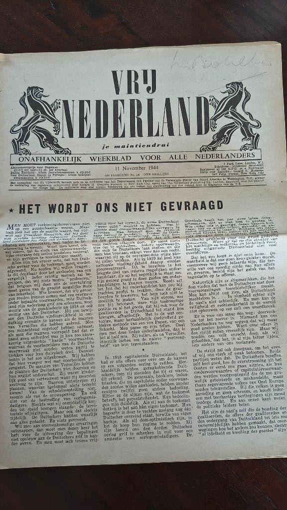 krant Vrij Nederland 11-11-1944, Verzamelen, Verzenden, 1940 tot 1960, Nederland, Krant