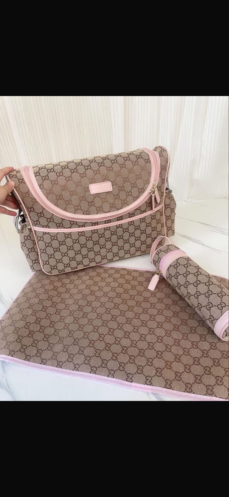 Gucci luiertas met verschoningsmatje en flessenhouder, Verzorgingstas, Bruin, Extra vakken, Zo goed als nieuw