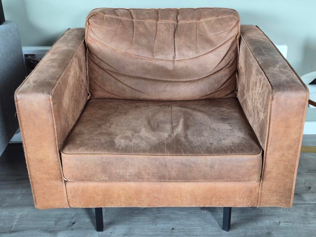 WOOOD Fauteuil Bruin Skai Leer - 96x85x65 cm, Ophalen, Gebruikt, Info@kruit-en-kramer.nl, 9718 tg groningen