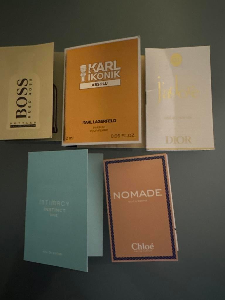 5 parfum samples: Hugo Boss, Karl Lagerfeld, Dior, Intimacy,, Sieraden, Tassen en Uiterlijk, Uiterlijk | Parfum, Ophalen of Verzenden