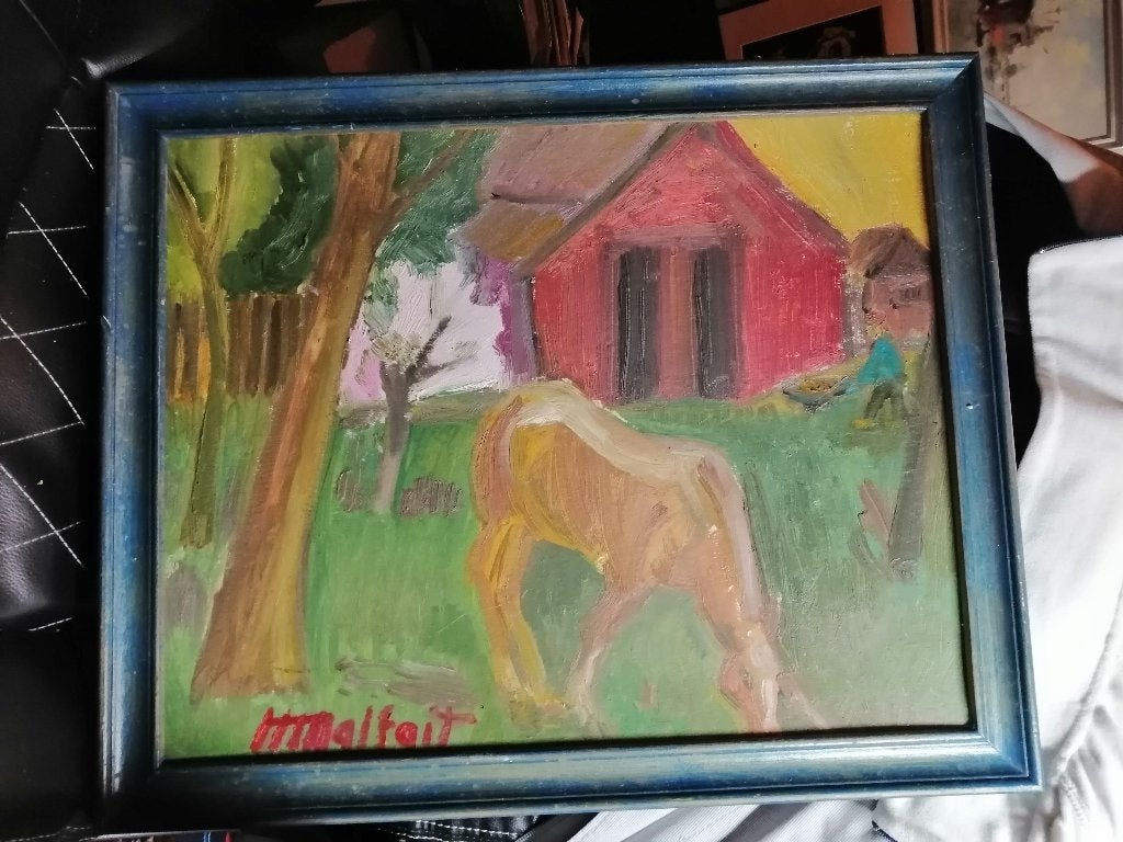 Hubert Malfait "" Paard op een erf "' olieverf op karton, Verzenden
