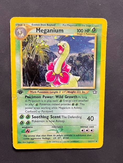 Pokemonkaart Meganium (NG 11) First edition, Hobby en Vrije tijd, Verzamelkaartspellen | Pokémon, Verzenden, Gebruikt