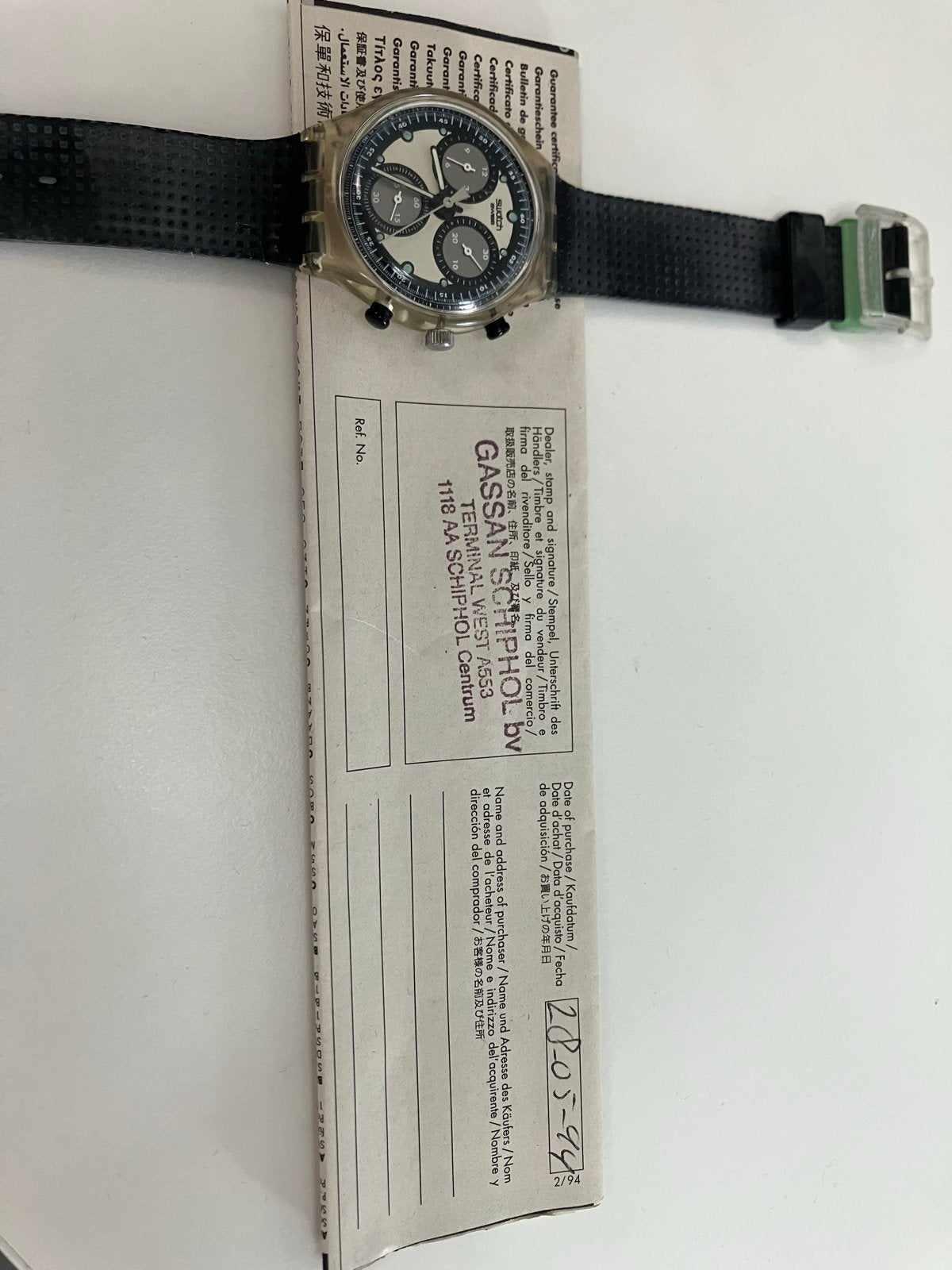 Vintage Swatch Chrono Polshorloge (1994) met originele doos, Ophalen, Kunststof, Gebruikt, Polshorloge