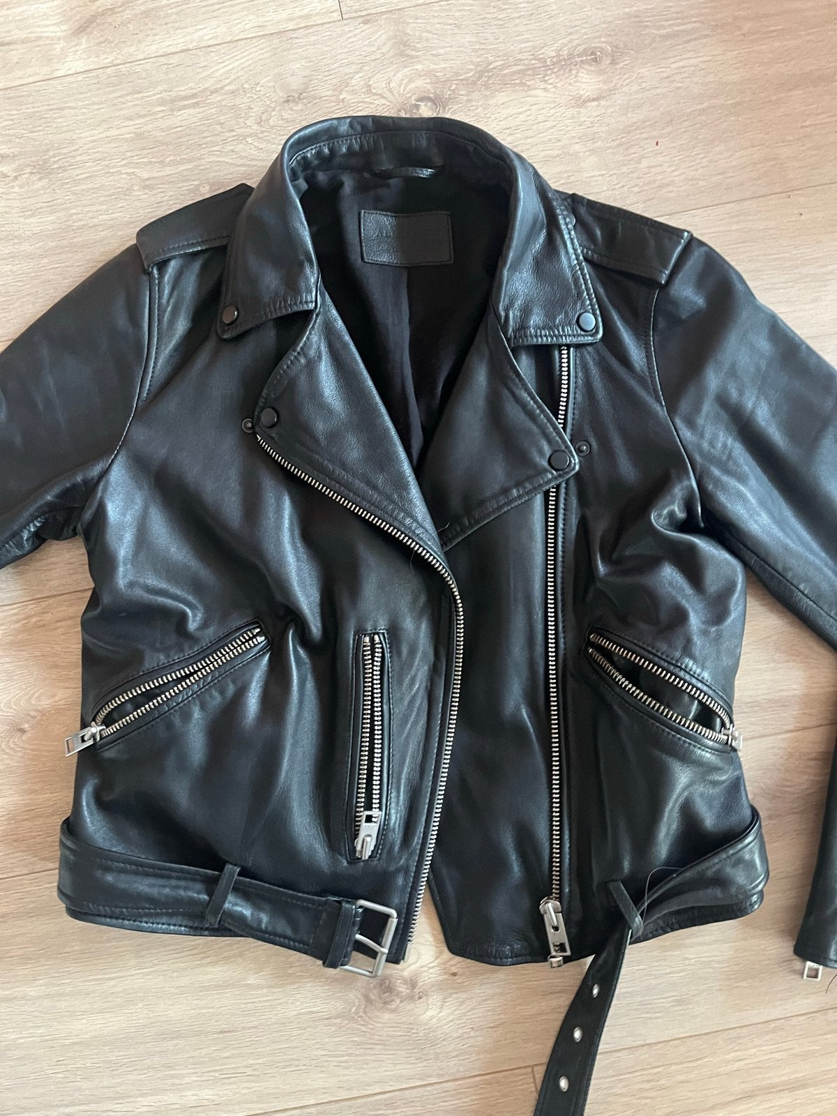 AllSaints Balfern Bikerjack - Zwart leer, maat 40 (valt klei, Ophalen of Verzenden, Zo goed als nieuw, Maat 38/40 (M), Zwart