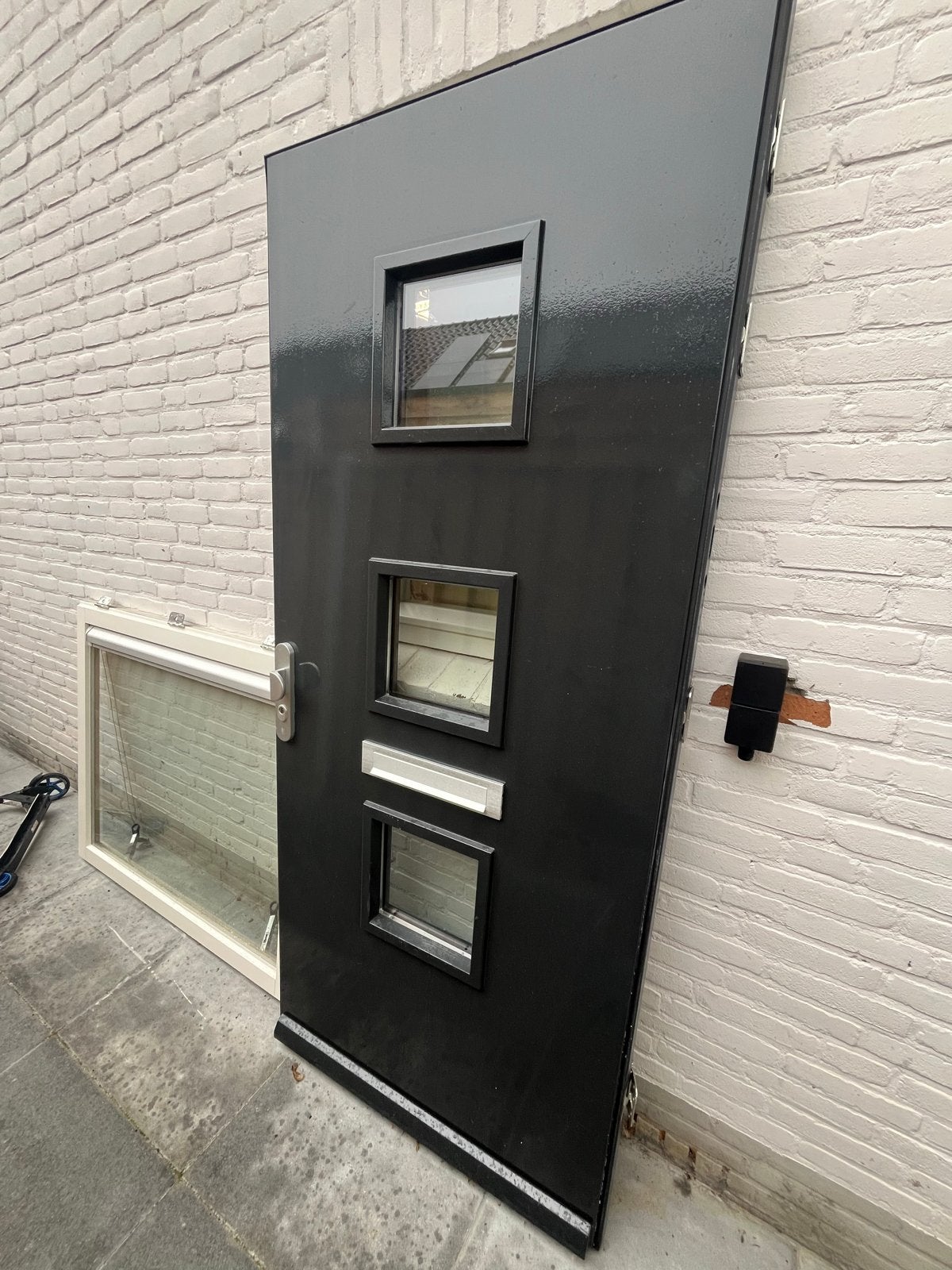 Donker blauwe Voordeur met glas ramen en brievenbus, Ophalen, Gebruikt, 80 tot 100 cm, 215 cm of meer