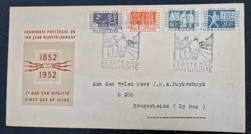 Nederland 1952 -FDC E10 -Rijkstelegraaf en postzegeljubileum, Ophalen of Verzenden, Na 1940
