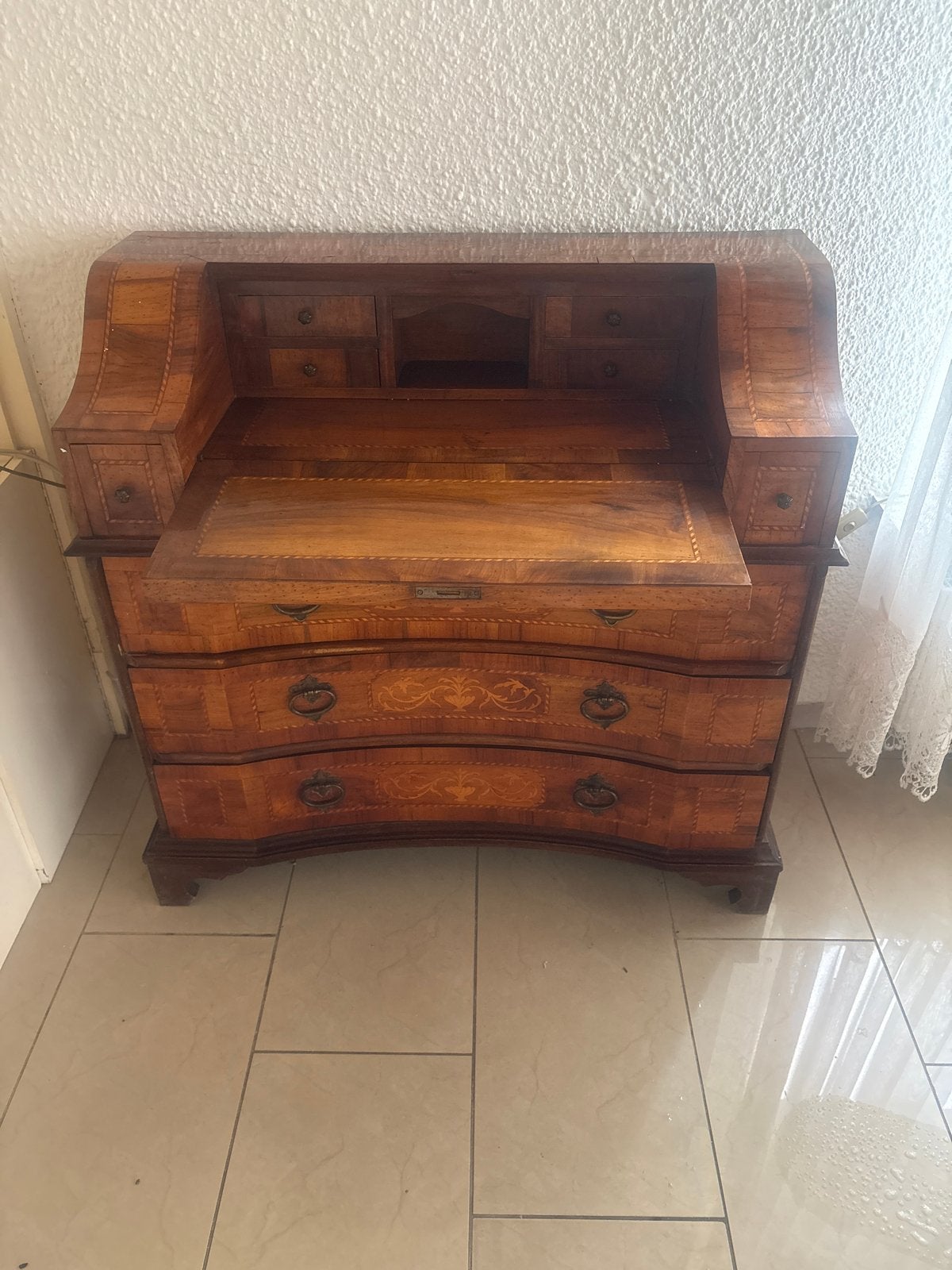 Antiek secretaire met intarsia en lades, Antiek en Kunst, Ophalen of Verzenden