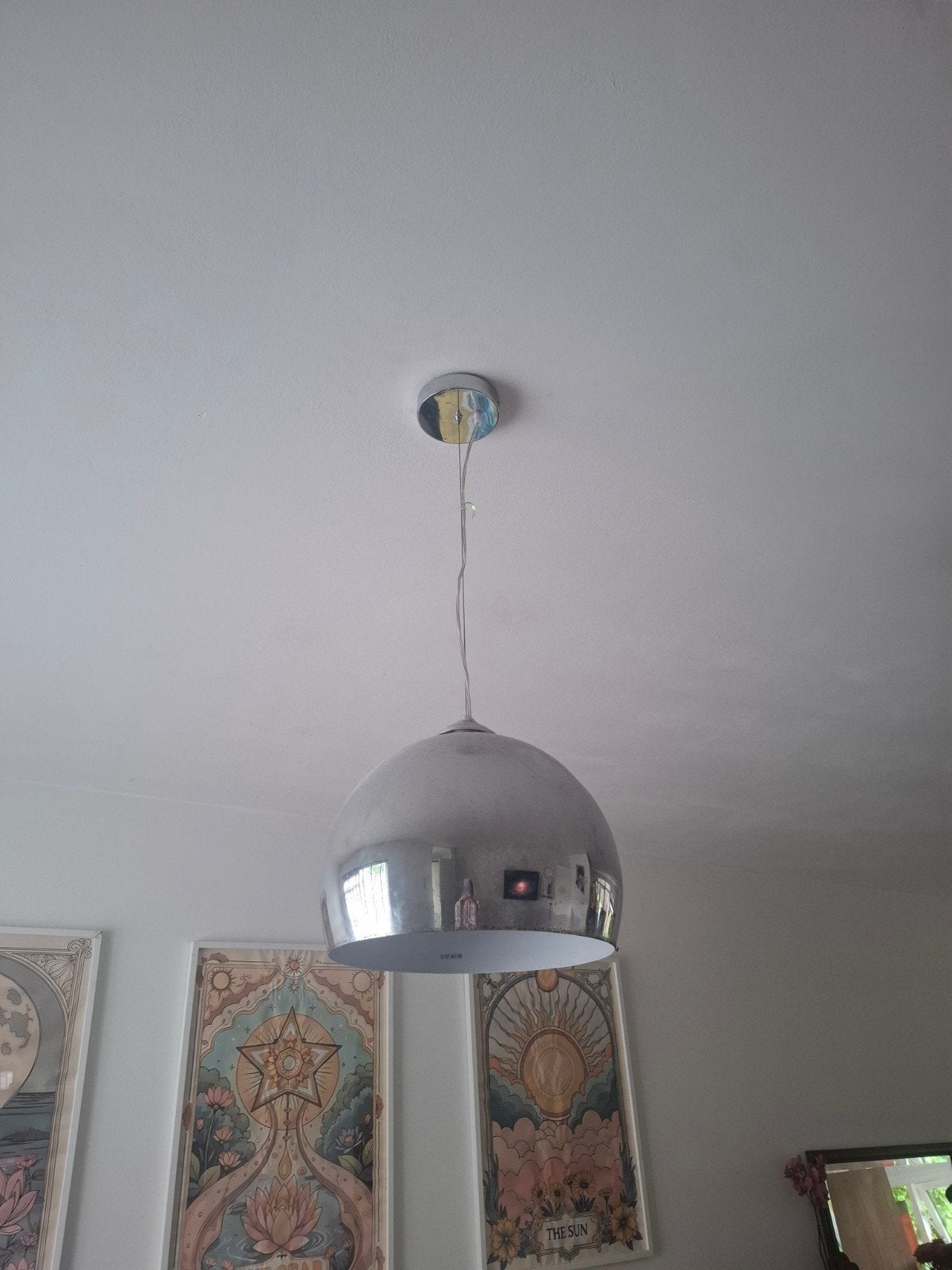 Set van 2 chromen hanglampen en 1 booglamp, Huis en Inrichting, Ophalen, Gebruikt, 200 cm of meer, Modern, Chroom