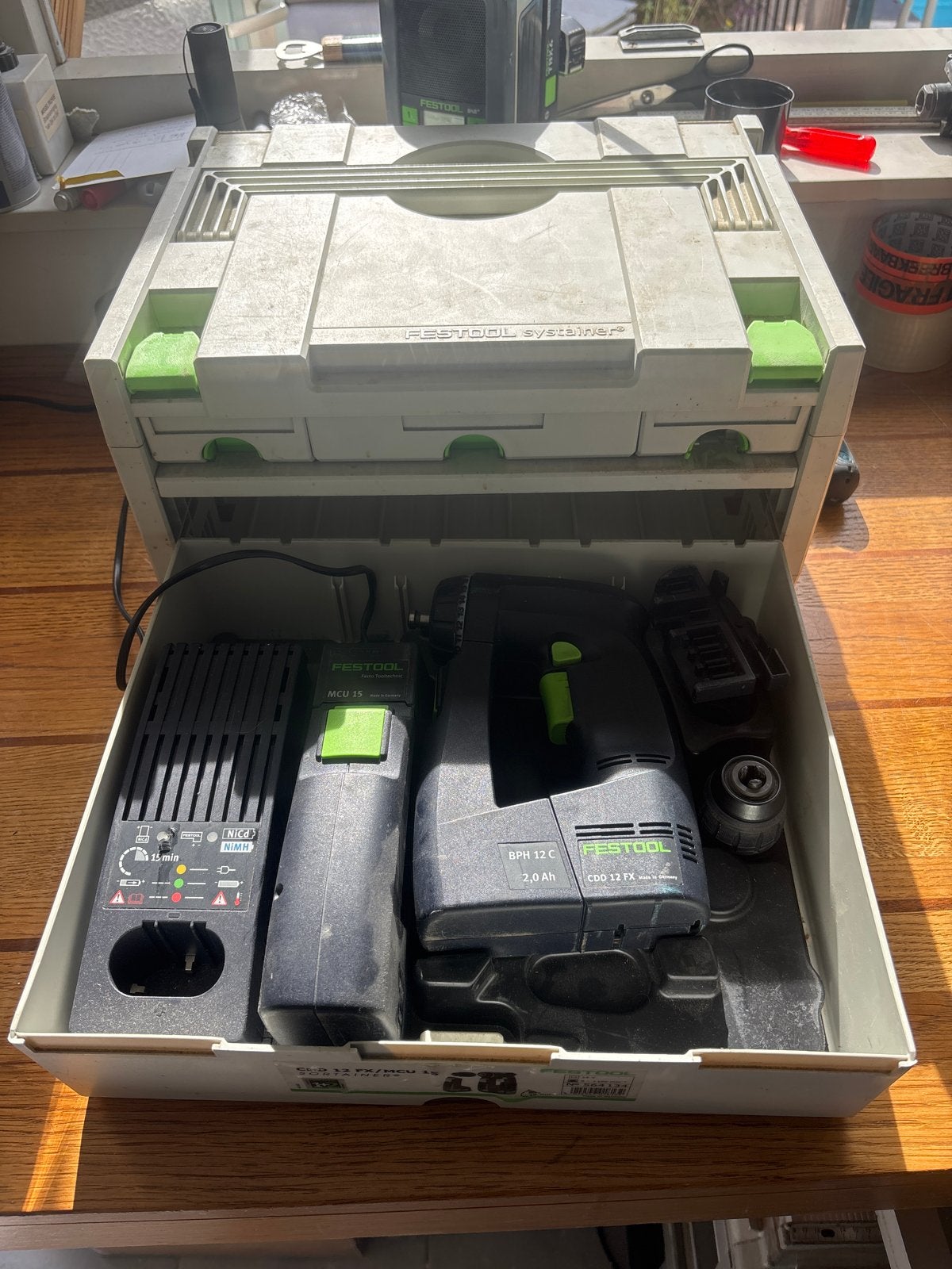 Festool CDD 12 FX Accuboormachine in sortainer, Ophalen, Gebruikt, Variabele snelheid, Boor- en Schroefmachine