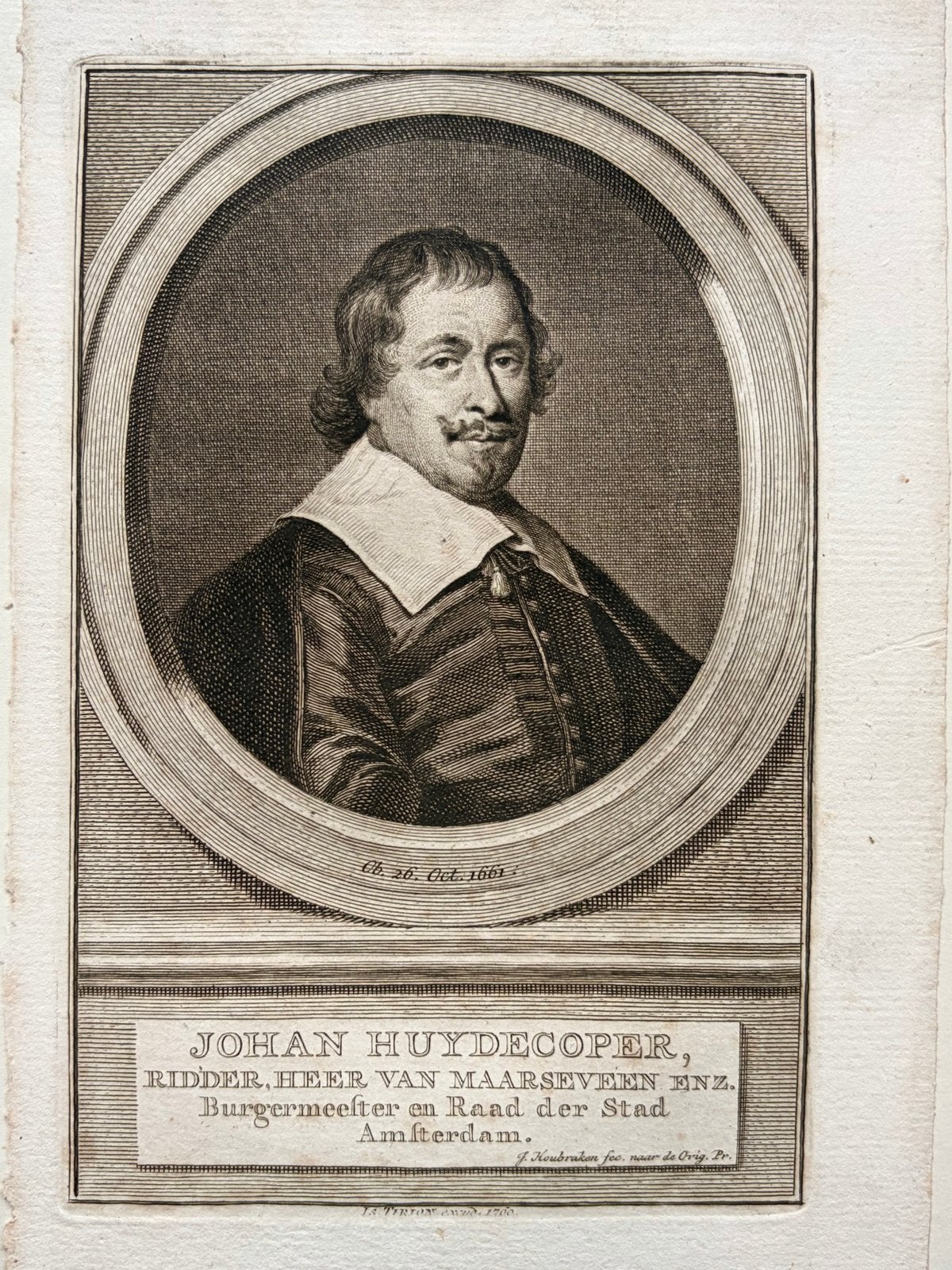 Antieke Kopergravure Johan Huydecoper Amsterdam (1760), Ophalen of Verzenden, Gravure, Met tekst, 11 cm