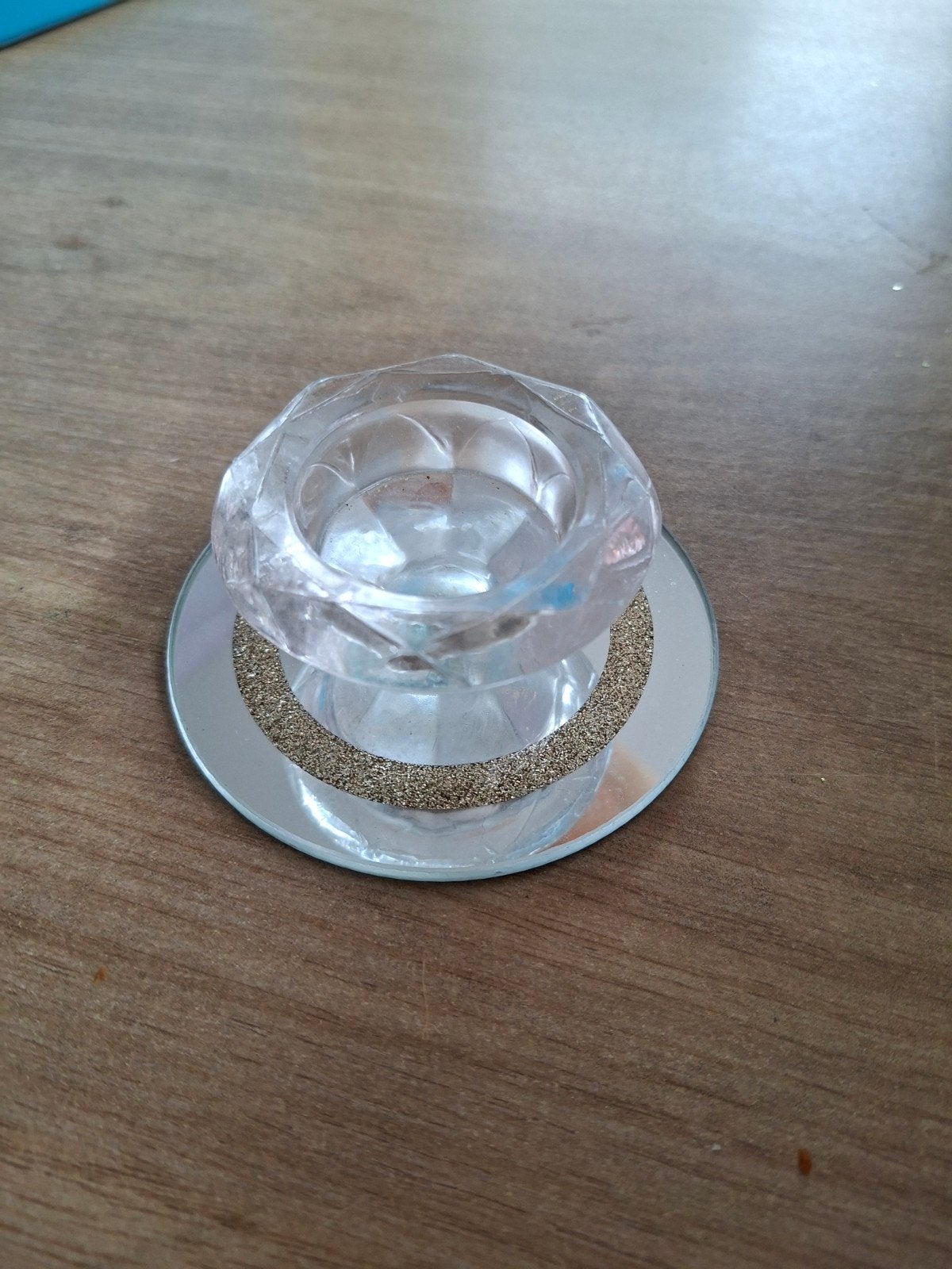 Glazen waxinelichthouder met spiegelvoet, Ophalen of Verzenden, Gebruikt, Glas, Waxinelichthouder