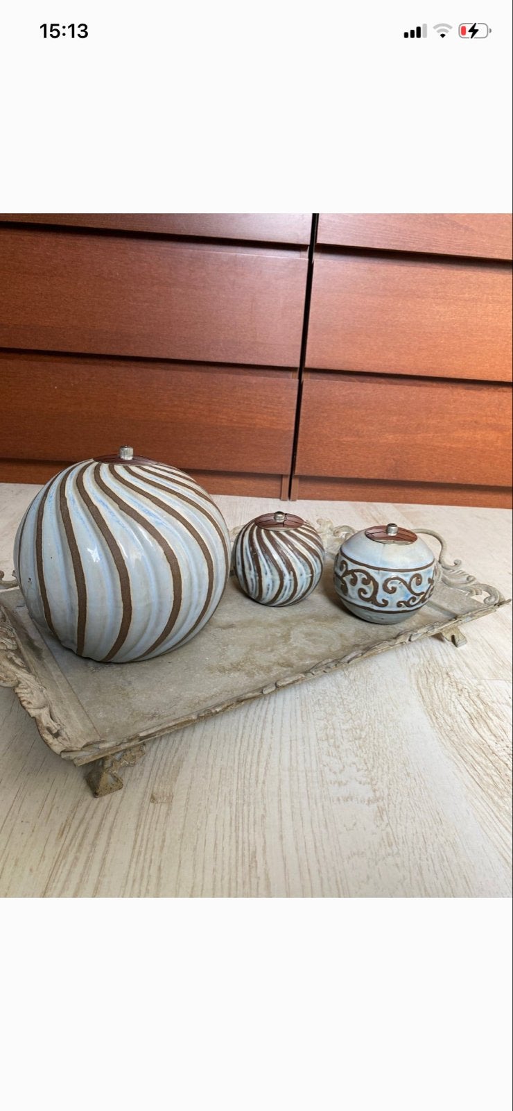 Prachtige set van 3 olielampjes steen/keramiek, Ophalen, Zo goed als nieuw, Blauw, Brocante