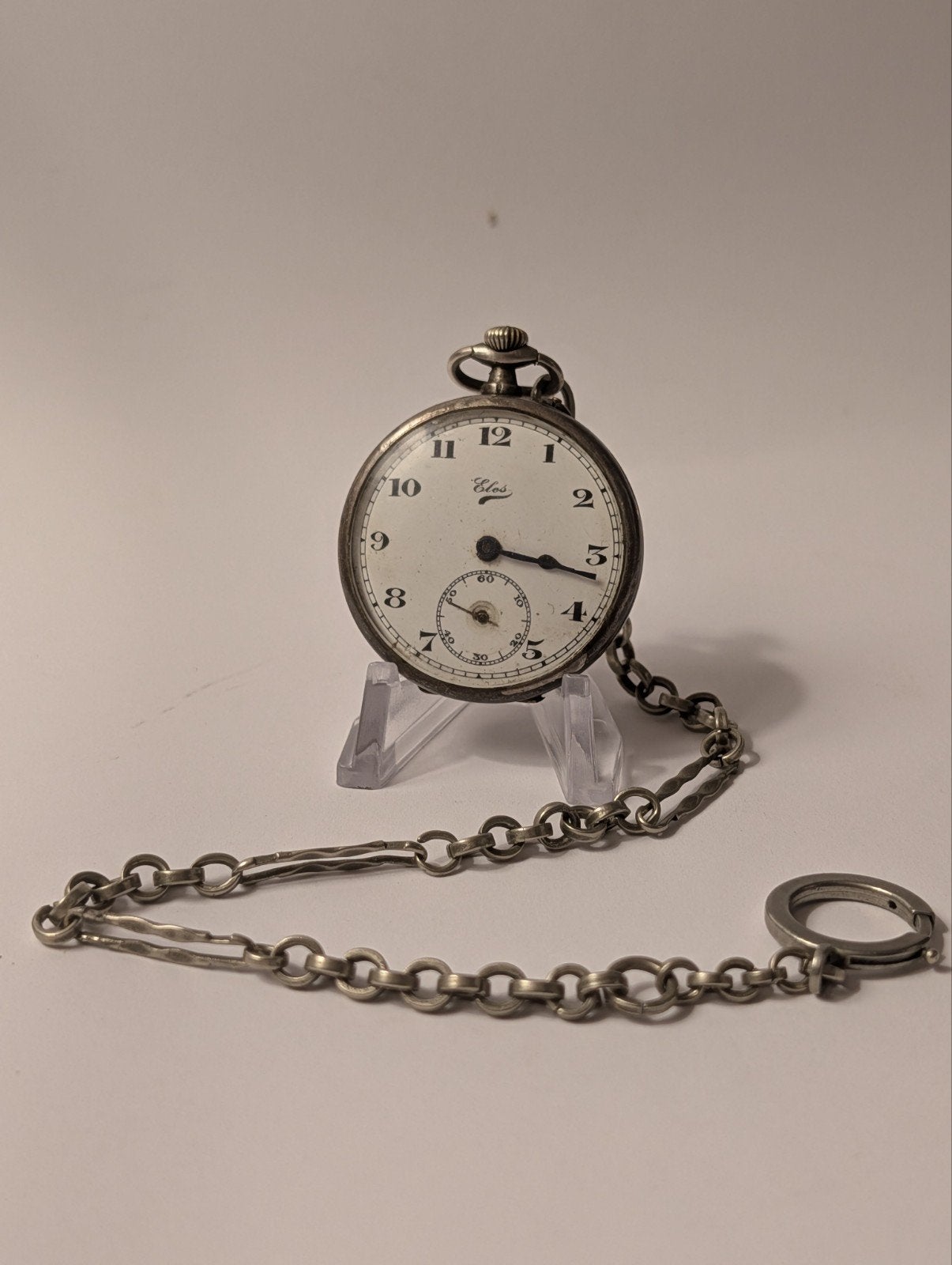 Antiek Elos Zakhorloge met Ketting - Zilver, Sieraden, Tassen en Uiterlijk, Horloges | Antiek, Overige merken, Zakhorloge, 1900 tot 1930