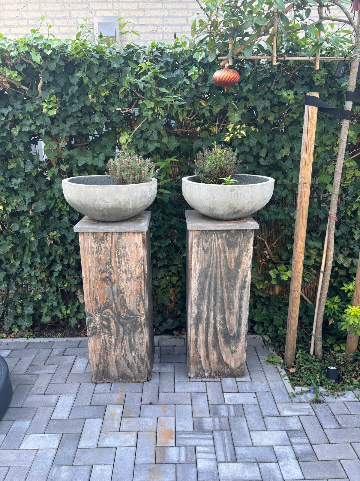 2x Houten Zuilen met Tegel en Potten, Tuin en Terras, Ophalen, Gebruikt, Minder dan 60 cm, Vierkant