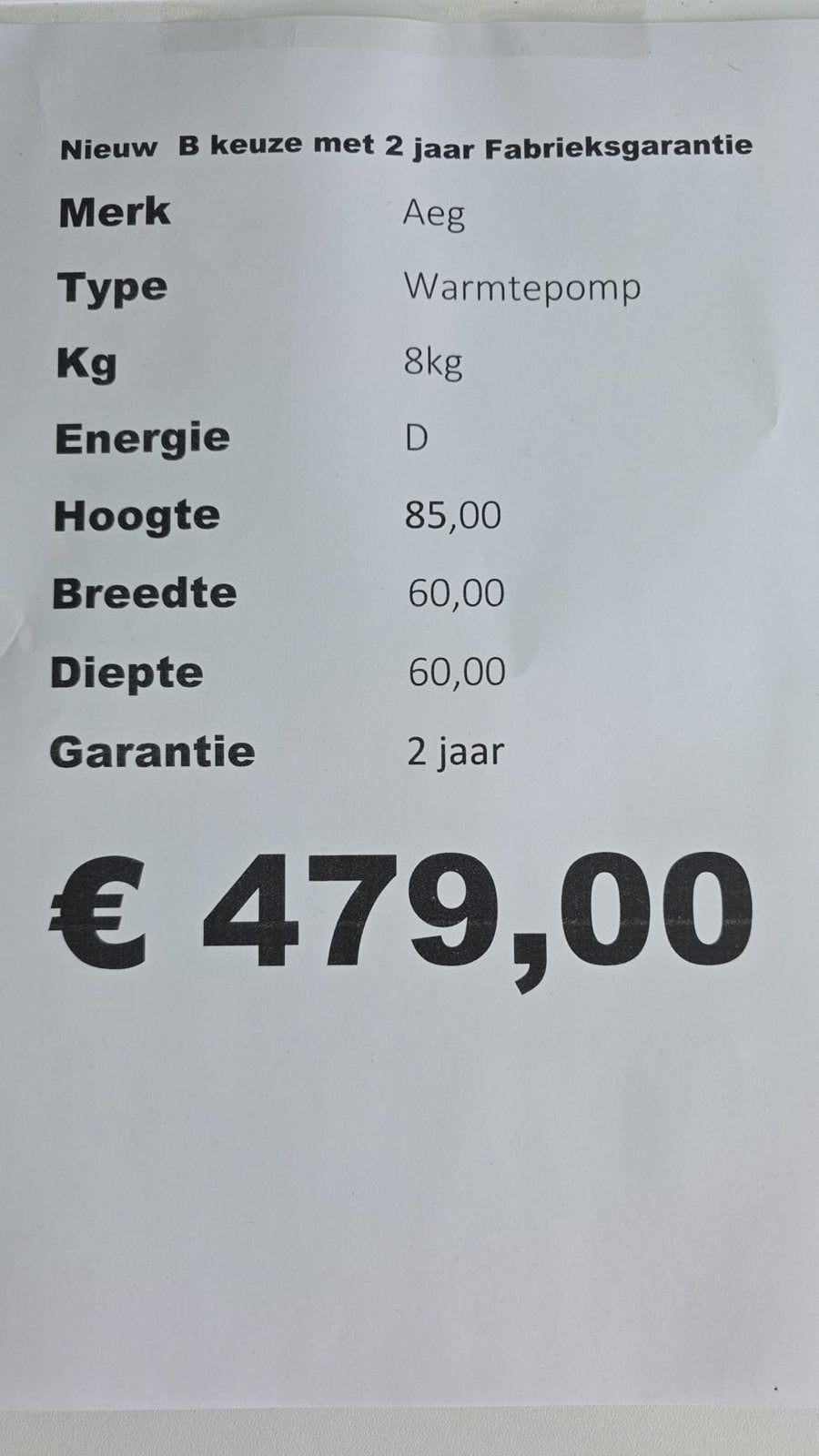 Aeg condensdroger warmtepomp nieuw 8 kg, Ophalen, Aeg, Minder dan 85 cm, 8 tot 10 kg