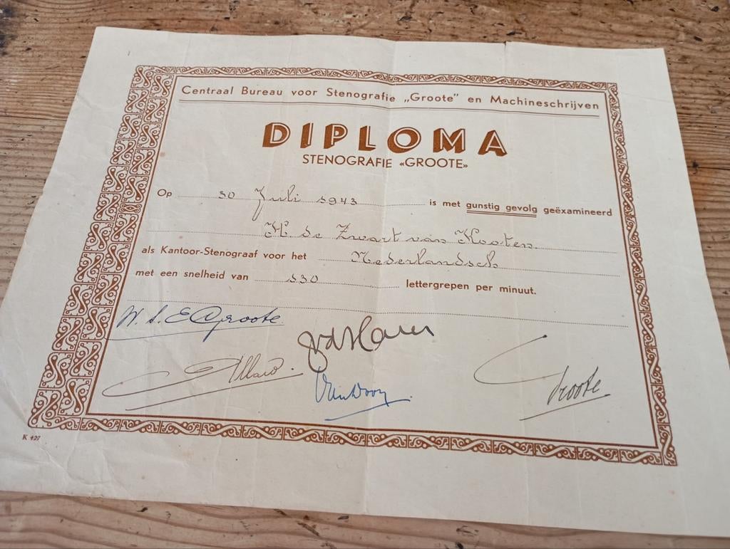Vintage Diploma Stenografie 1943 Groote en Machine scrijven, Ophalen of Verzenden, Gebruikt, Reclamebord