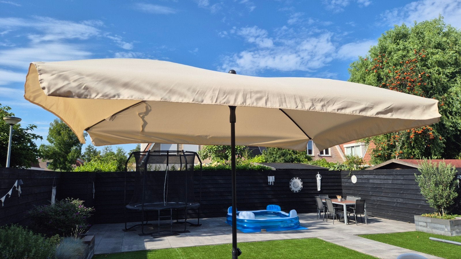 Rechthoekige knikbare middenstokparasol ecru - 1,40 x 2,10 m, Ophalen, Kantelbaar, 2 tot 3 meter, Zo goed als nieuw