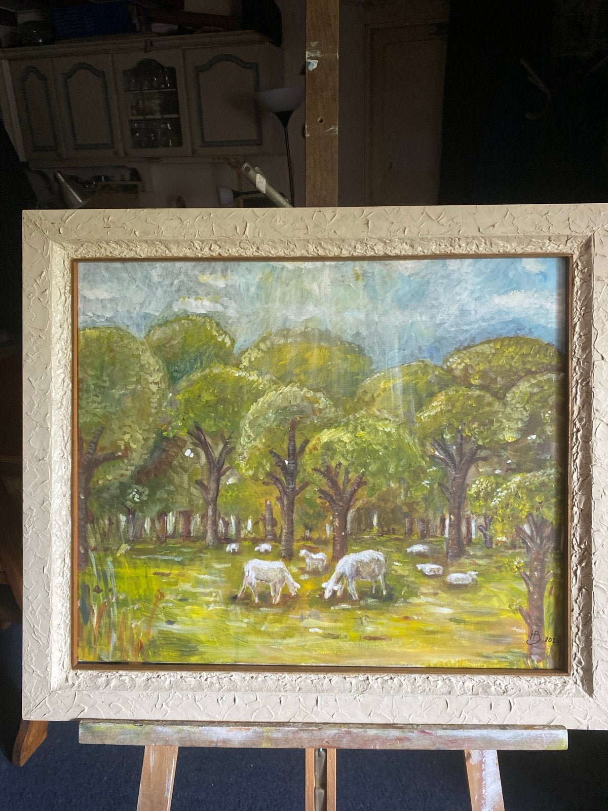 Schilderij schapen in het zonlicht, met lijst (50x60 cm), Antiek en Kunst, Ophalen, Doek, Realistisch, Dieren