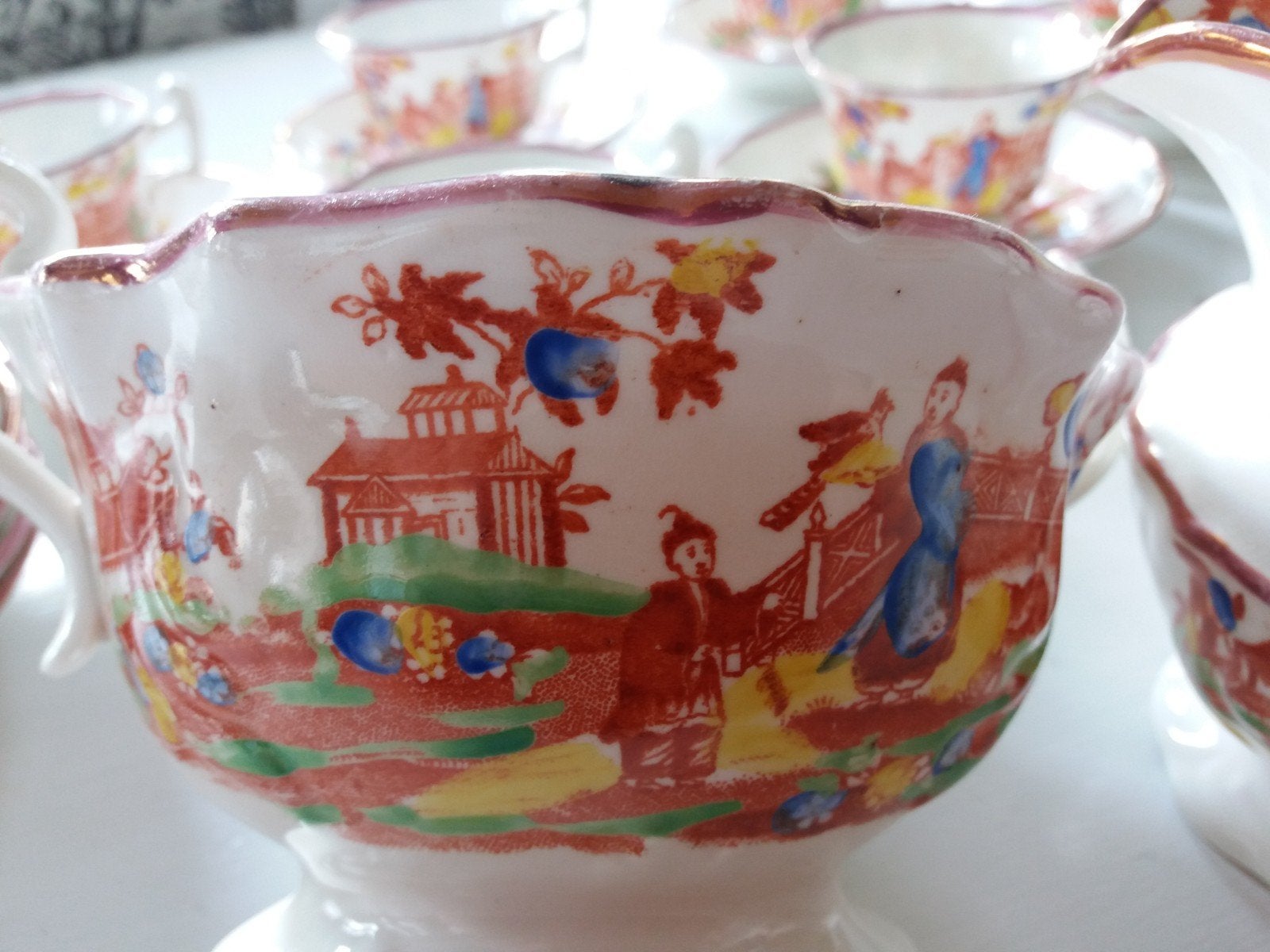 Antiek theeservies met oosters decor - 6 kop en schotels, Antiek en Kunst, Ophalen