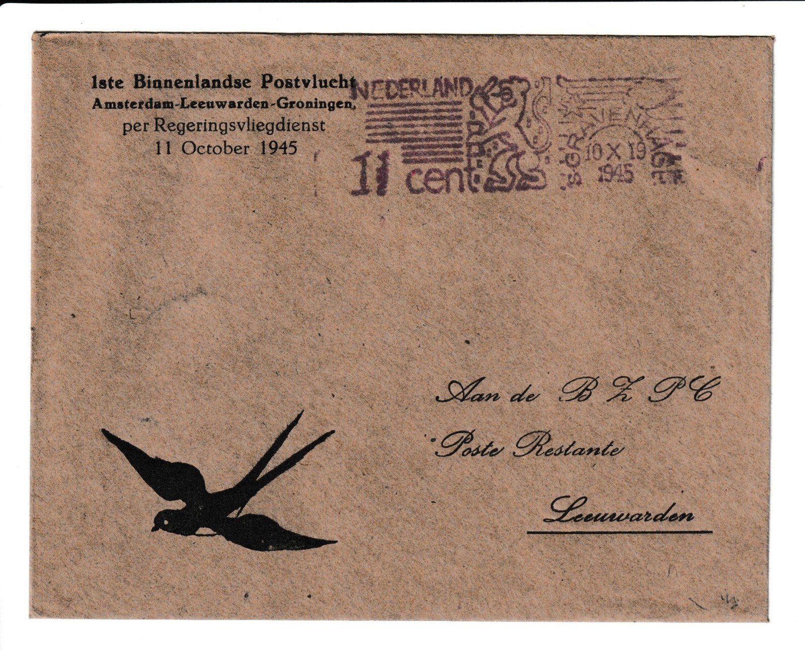 Zeldzame FFC 1e binnenlandse postvlucht Ams-Leeuw-Groningen, Postzegels en Munten, Ophalen of Verzenden, Envelop
