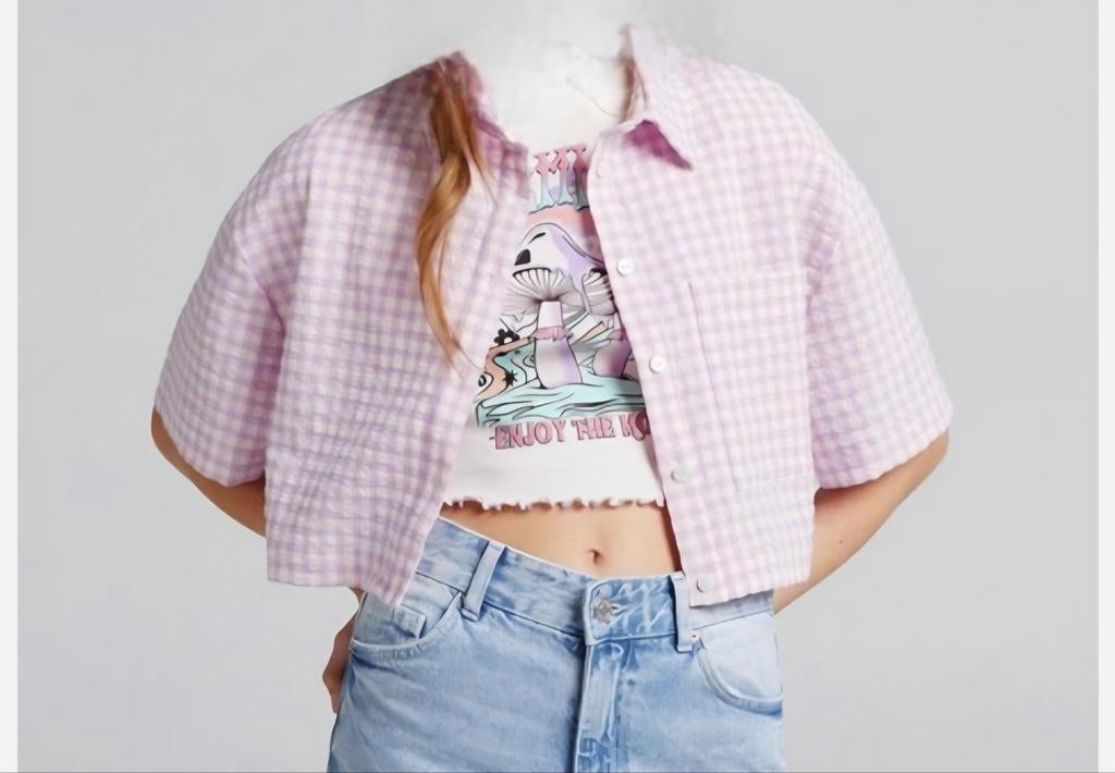 Bershka geruite blouse/crop top maat M, Maat 38/40 (M), Paars, Zo goed als nieuw, Bershka