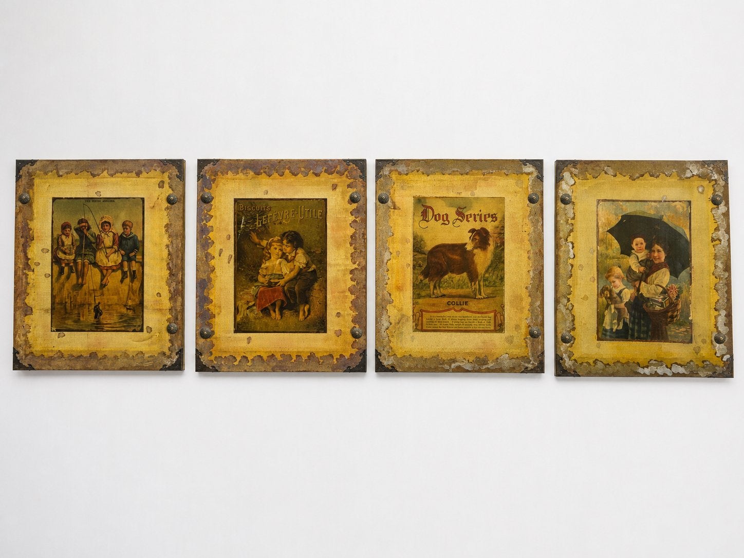 Set 4 vintage brocante wandpanelen oude prenten, Antiek en Kunst, Kunst | Litho's en Zeefdrukken, Ophalen of Verzenden, Portret en Figuren