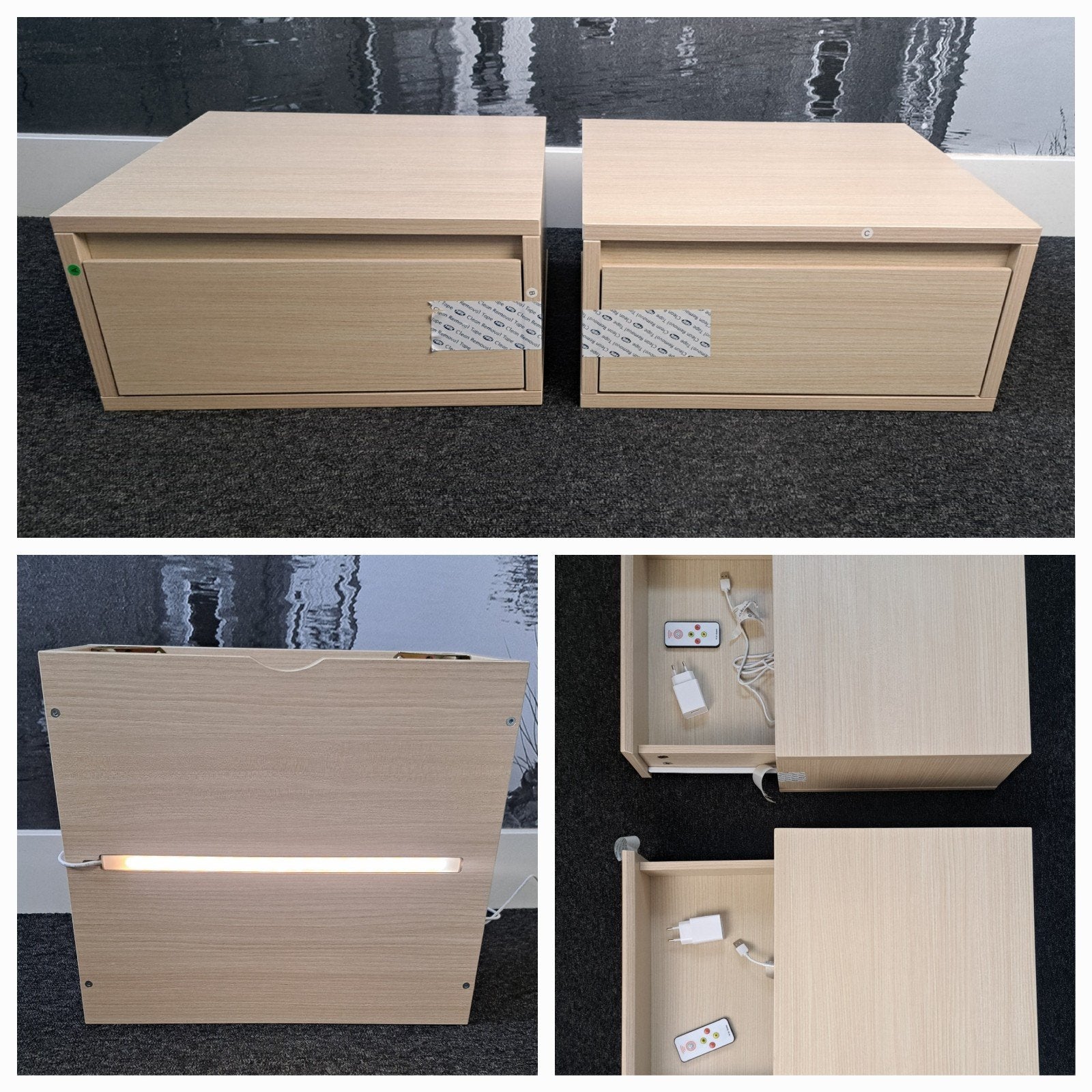 Twee nachtkastjes met Led verlichting - Zwevend - Eikenlook, Ophalen, Minder dan 45 cm, Zo goed als nieuw, Minder dan 55 cm