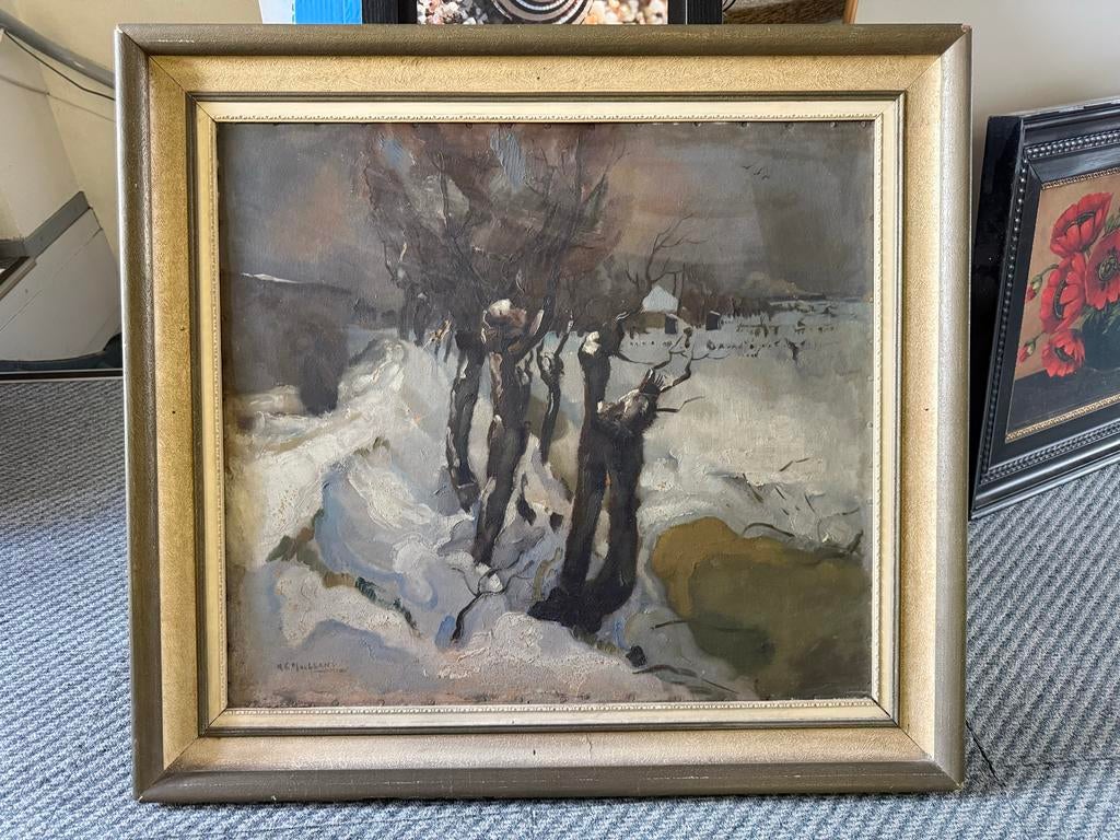 Oud schilderij: Winterlandschap met bomen, gesigneerd, Antiek en Kunst, Kunst | Schilderijen | Klassiek, Ophalen