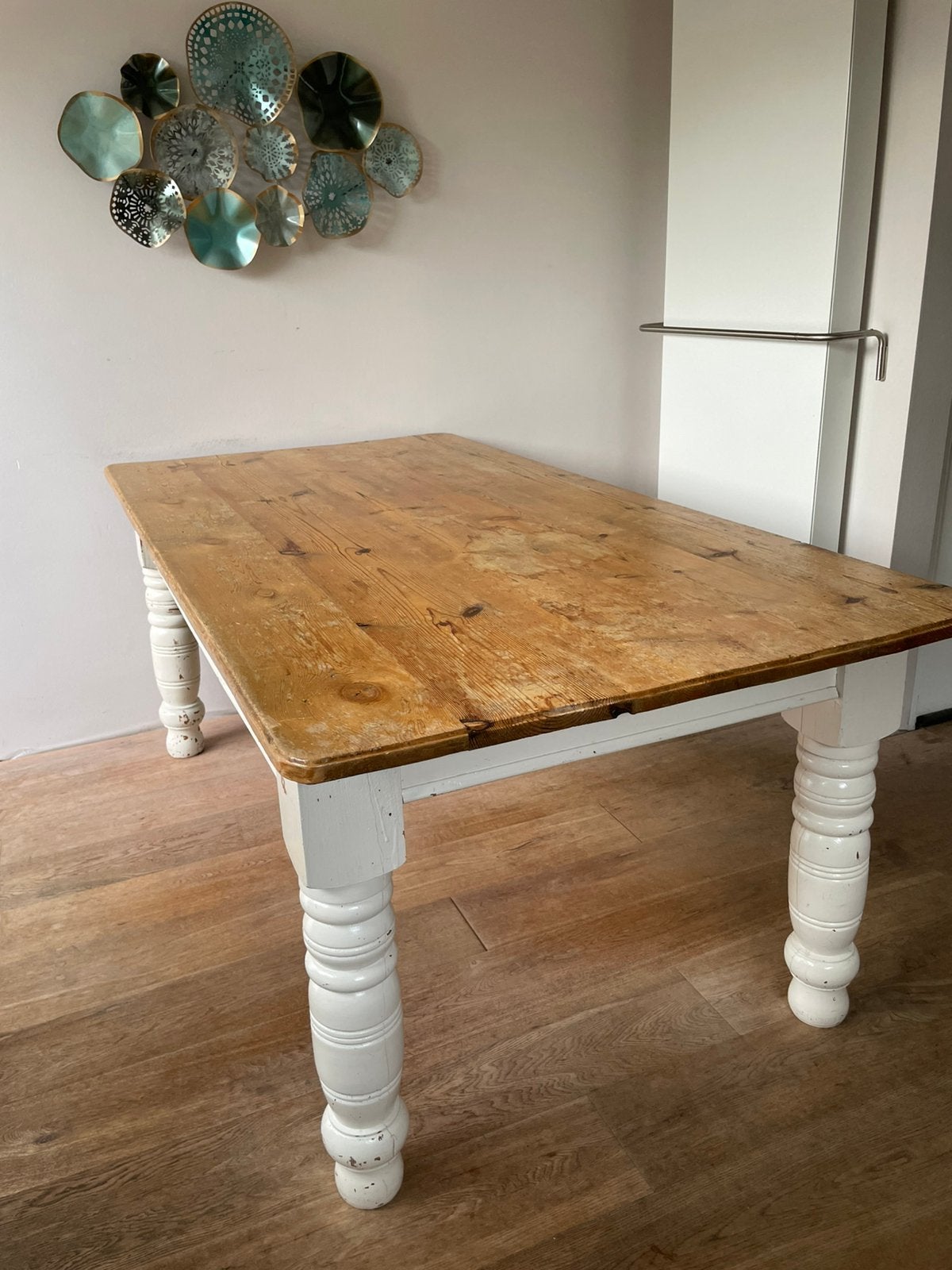 Antieke, massief houten stevige eettafel, Ophalen, Gebruikt, 50 tot 100 cm, Vijf personen of meer