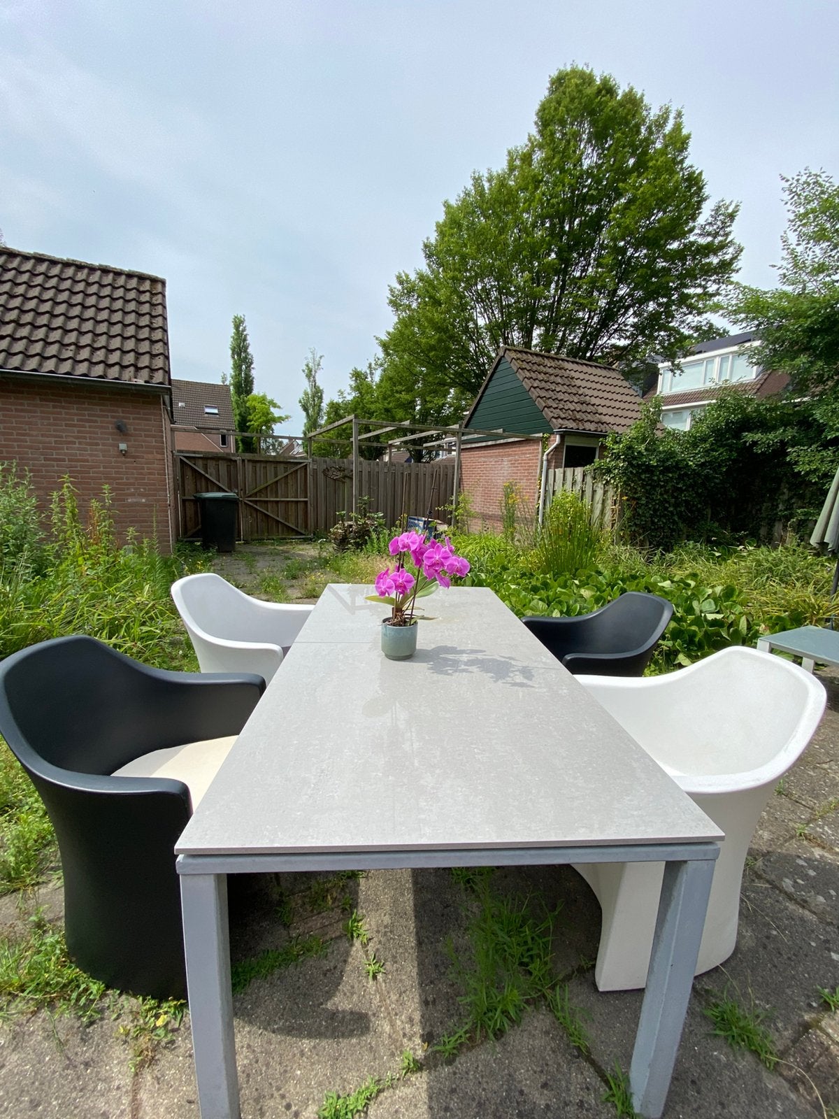 Tuin tafel en 4 stoelen /steen, Ophalen, Zo goed als nieuw, Rechthoekig, Metaal