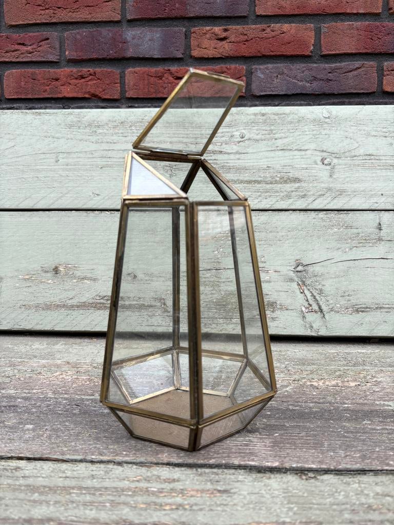 Windlicht glas met messing - Decoratieve lantaarn, Ophalen, Vintage, Gebruikt, Goud