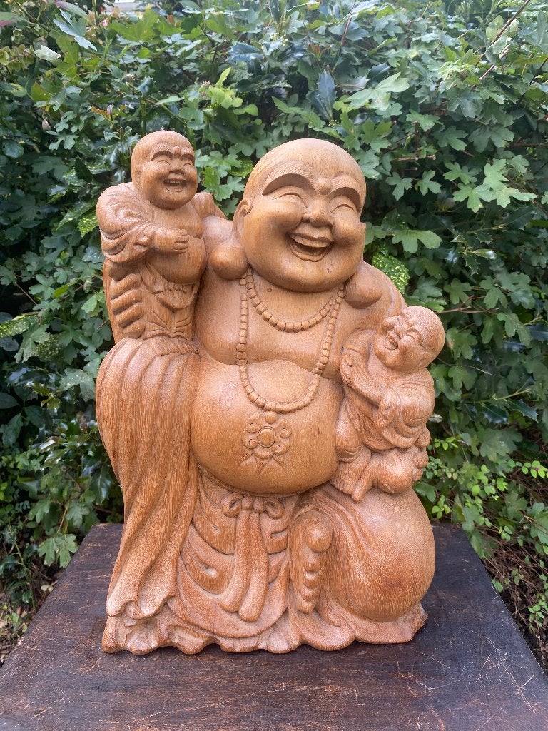 Grote Happy boeddha beeld 47 cm hoog handgemaakt suar hout, 47 cm, Gebruikt, Ophalen of Verzenden, Hout