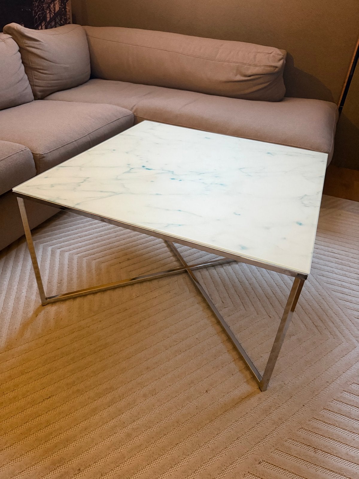 Salontafel 80x80 met glazen blad marmerlook, Ophalen, Gebruikt, Vierkant, 50 tot 100 cm