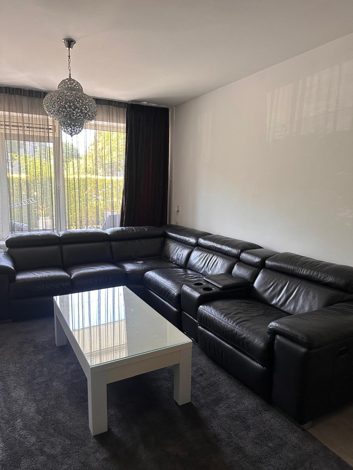 Zwarte, electrische, Ledere hoekbank, tv meubel, sier zuilen, Ophalen, Gebruikt, Hoekbank, 300 cm of meer