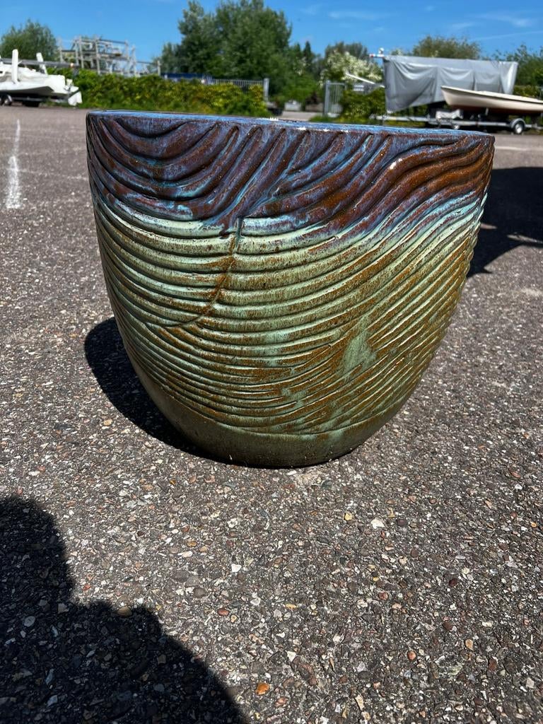 Grote Groen-Blauwe Bloempot met Golvend Design, Tuin en Terras, Gebruikt, 40 cm of meer, Rond, Ophalen of Verzenden
