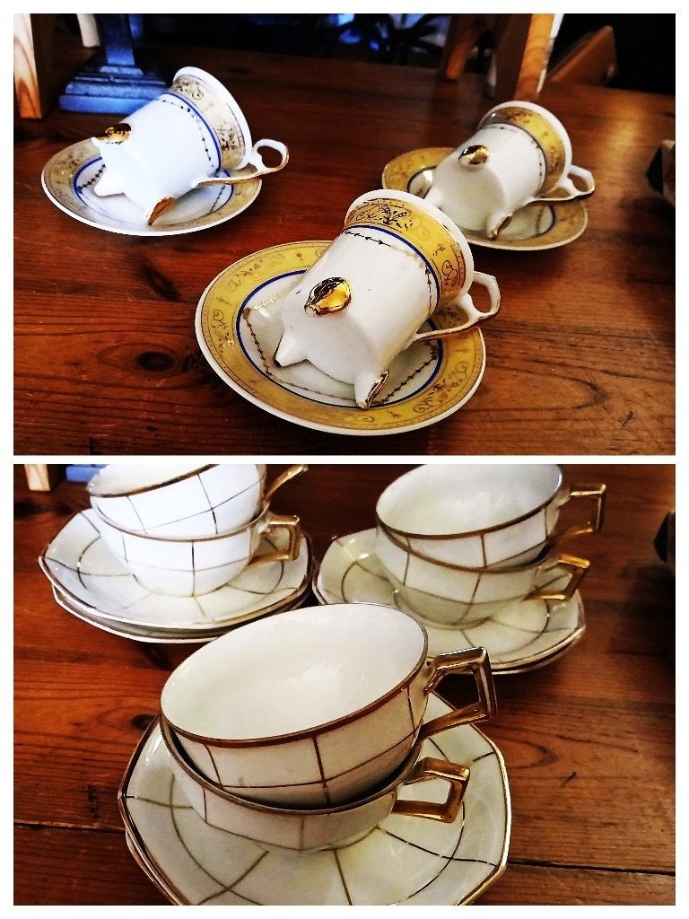 Brocante kop en schotel 6x wit/goud en 3xespresso porselein, Ophalen of Verzenden