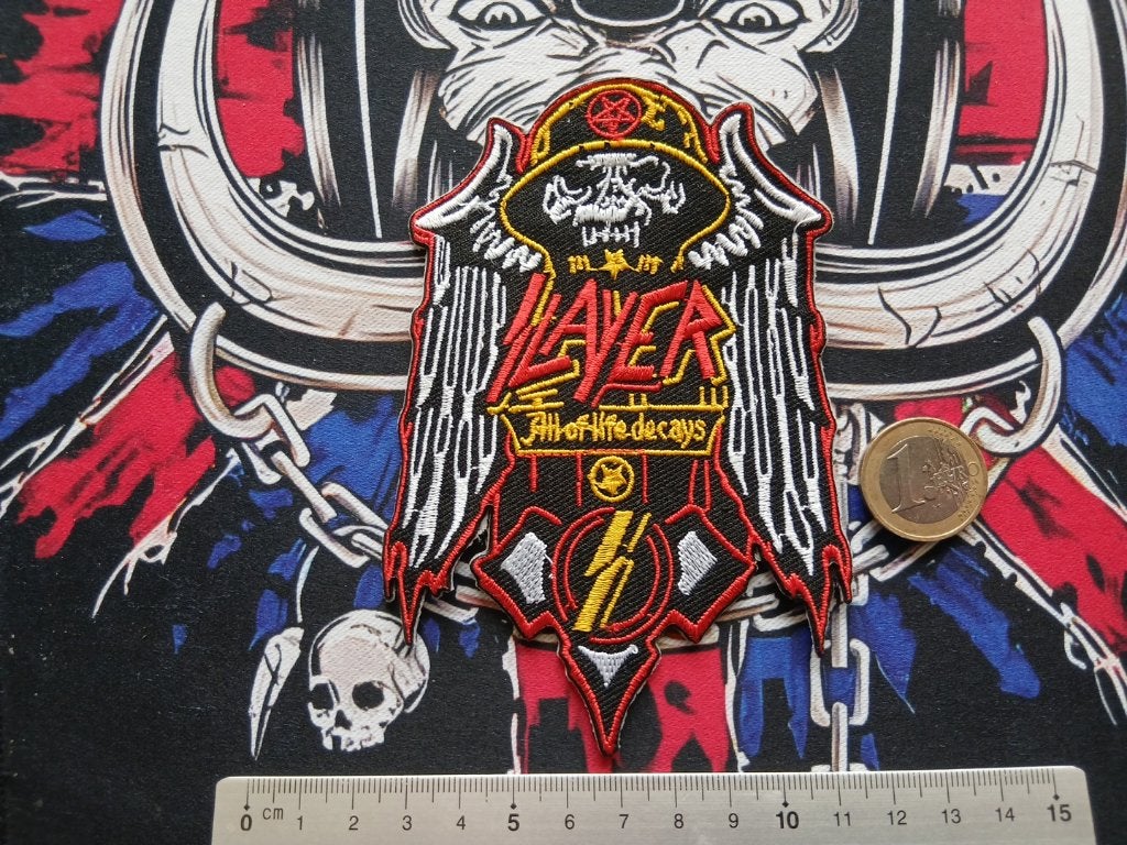 Slayer vrij mooie shaped all of life decays patch 93 metal, Verzenden, Zo goed als nieuw, Foto of Kaart