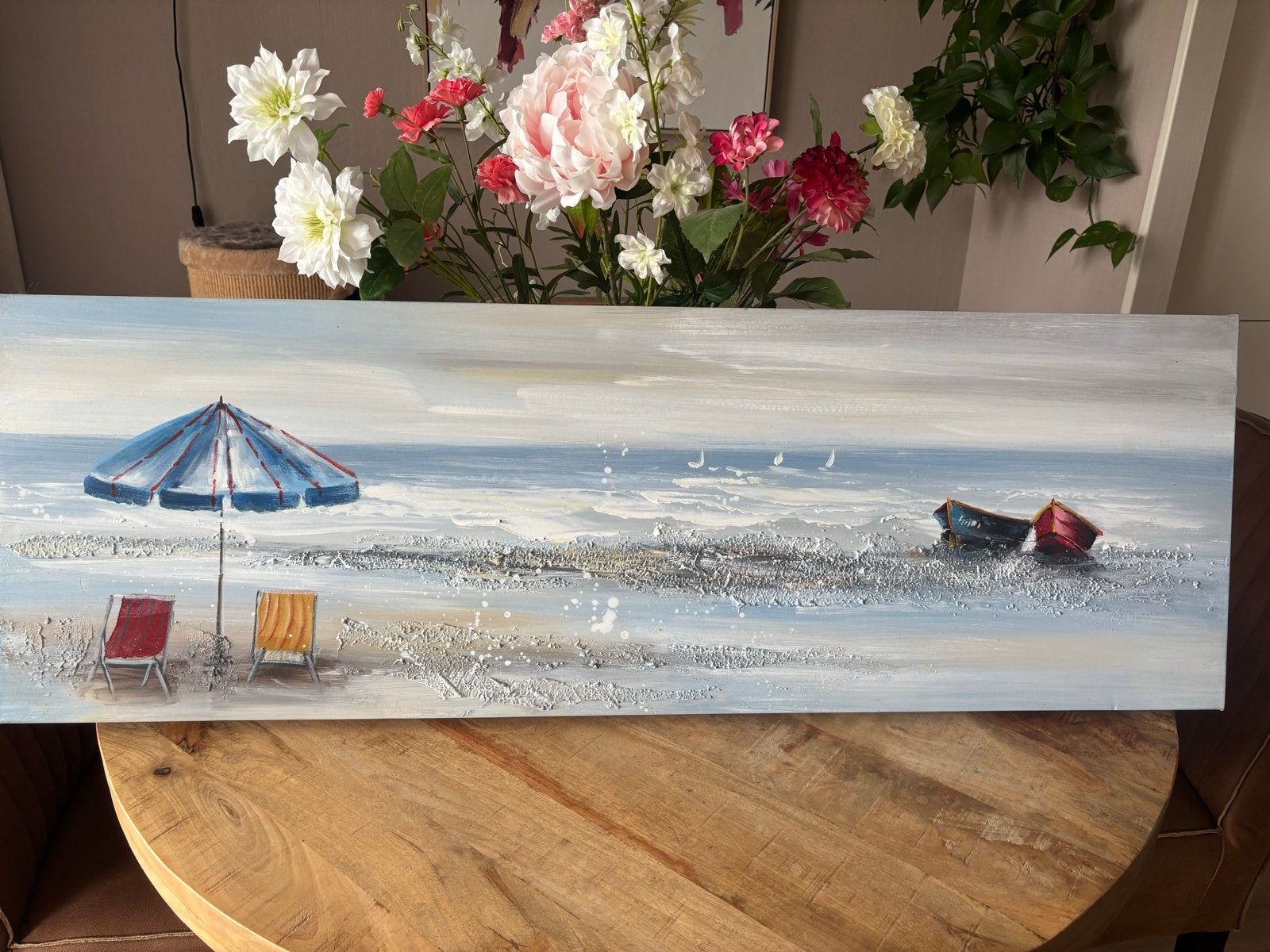 Strandschilderij op canvas - 120 x 40 cm, Ophalen of Verzenden, Textiel, Met textuur, Landschap
