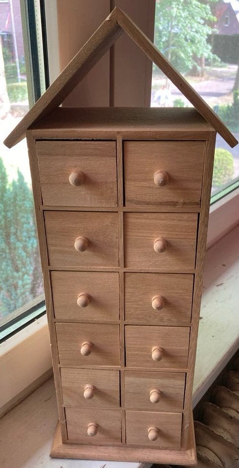 Houten mini ladekastje met 24 laatjes - Huisvorm, Minder dan 50 cm, Gebruikt, 5 laden of meer, Ophalen of Verzenden