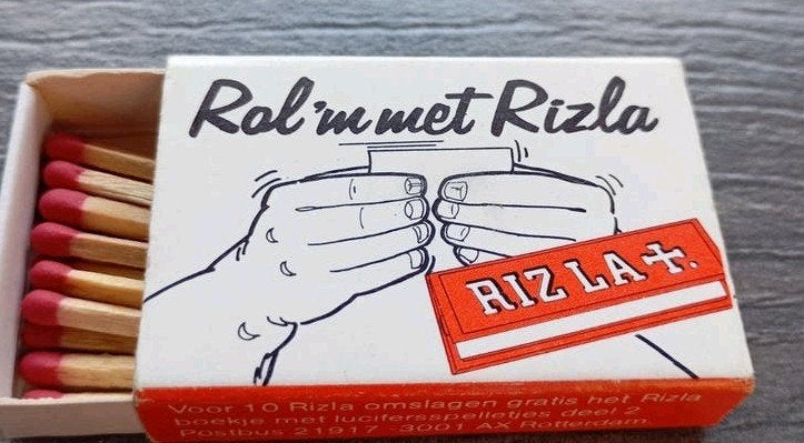 Vintage luciferdoosje Rizla - 'Rol 'm met Rizla', Ophalen of Verzenden, Gebruikt, Luciferdoosjes of -merken