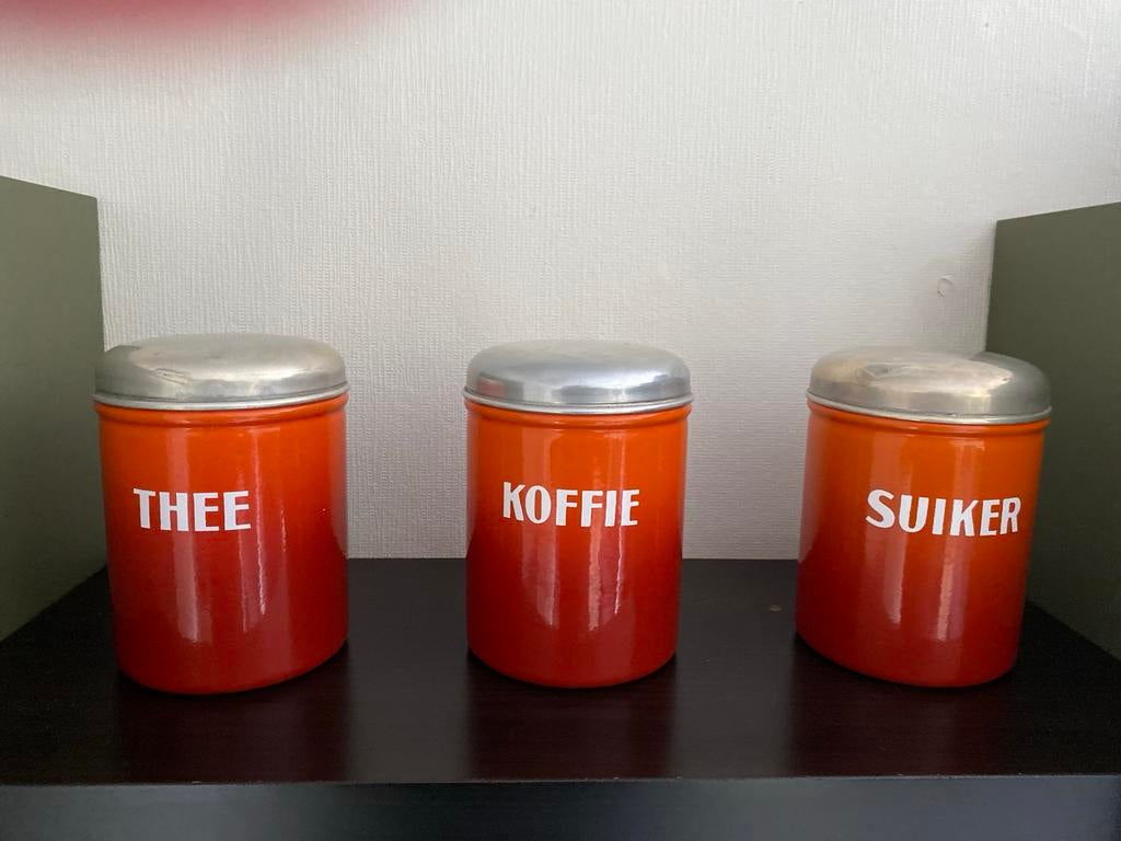 Vintage Oranje Emaille Koffie, Thee en Suiker Bussen Set, Antiek en Kunst, Ophalen of Verzenden