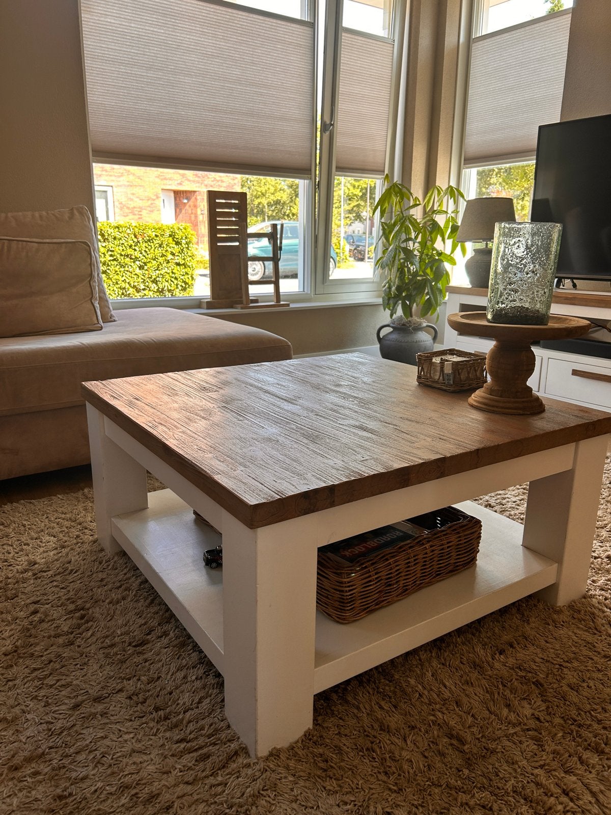 Salontafel wit met houten blad, Huis en Inrichting, Tafels | Salontafels, Ophalen, Gebruikt, 100 tot 150 cm, Vierkant